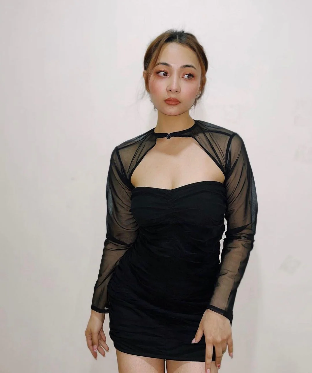 Black Asymmetric Gathered Dress With Detachable Sleeves - Image 5
