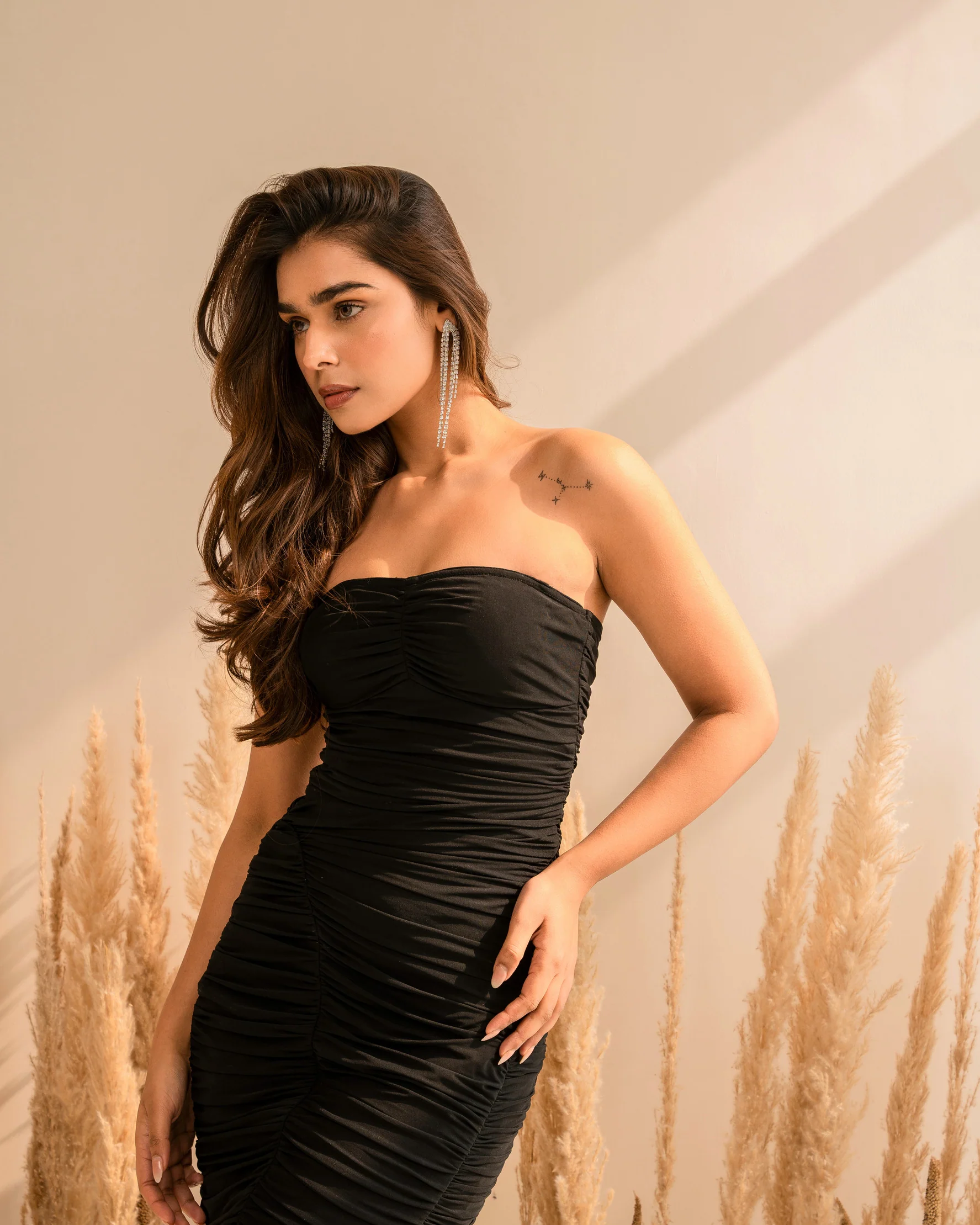 Black Slip Dress With Asymmetrical Gather Detail And Detachable Straps - Image 5