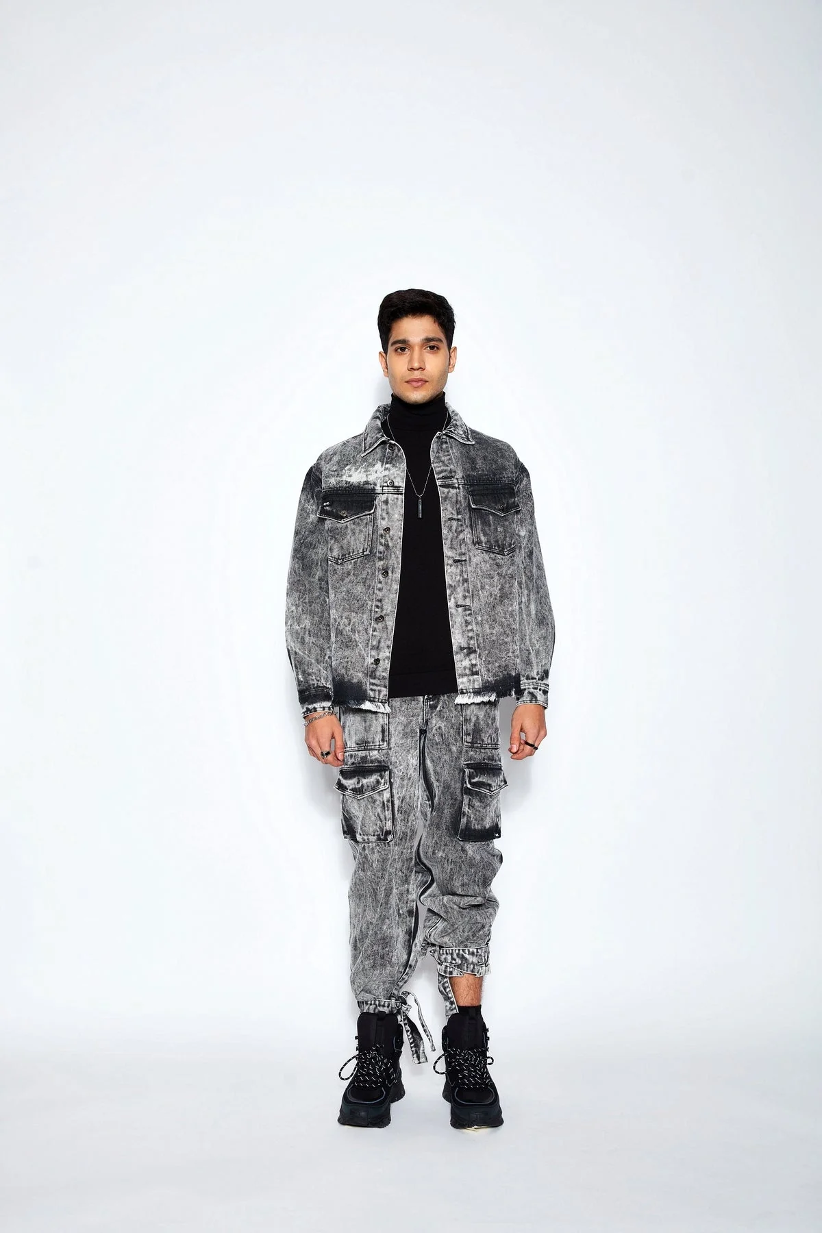 Ball Wash Denim Jacket- Black/White