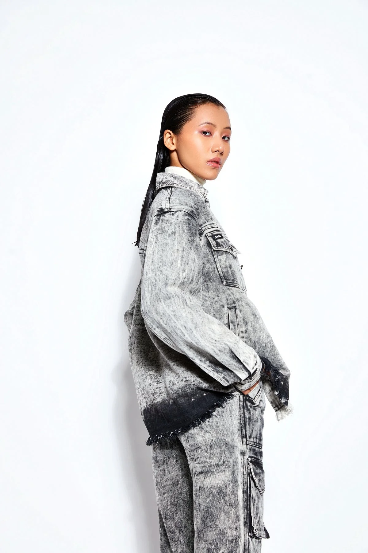 Ball Wash Denim Jacket- Black/White - Image 3