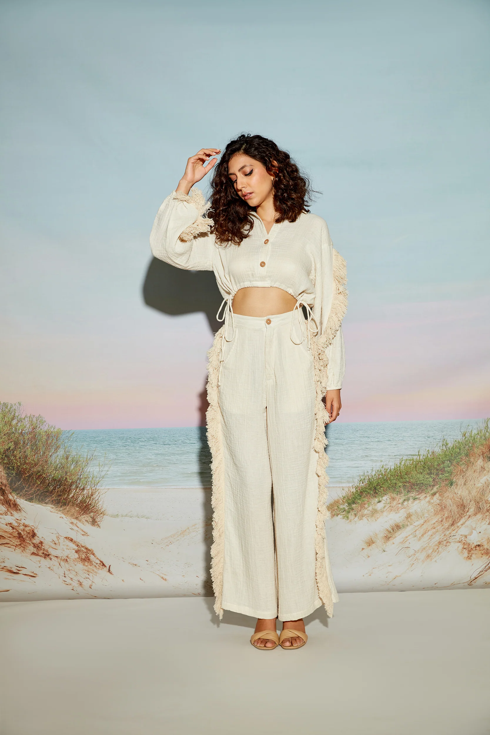Balloon Sleeve Crop Shirt with Fringe Lace - Image 2