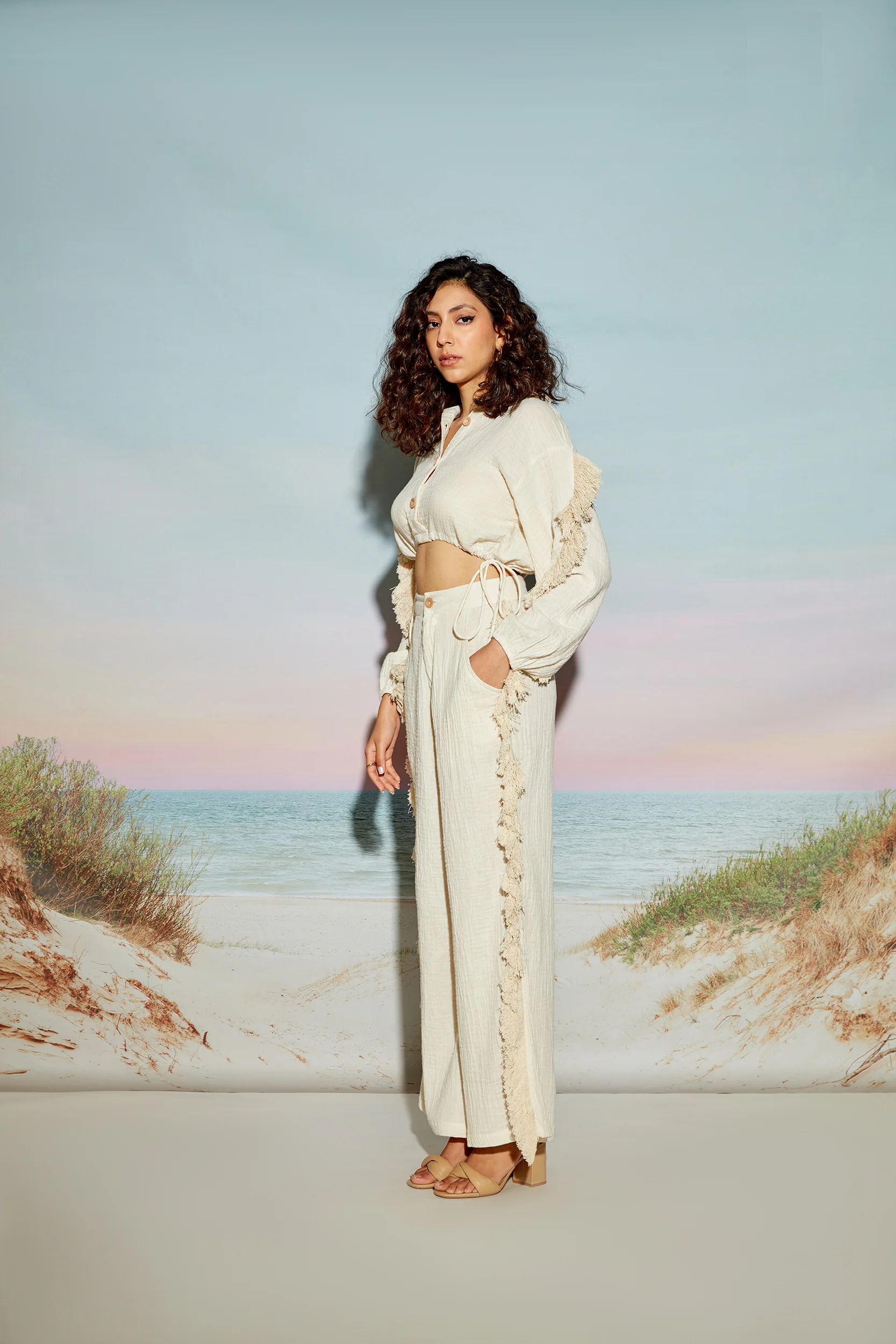 Balloon Sleeve Crop Shirt with Fringe Lace - Image 4