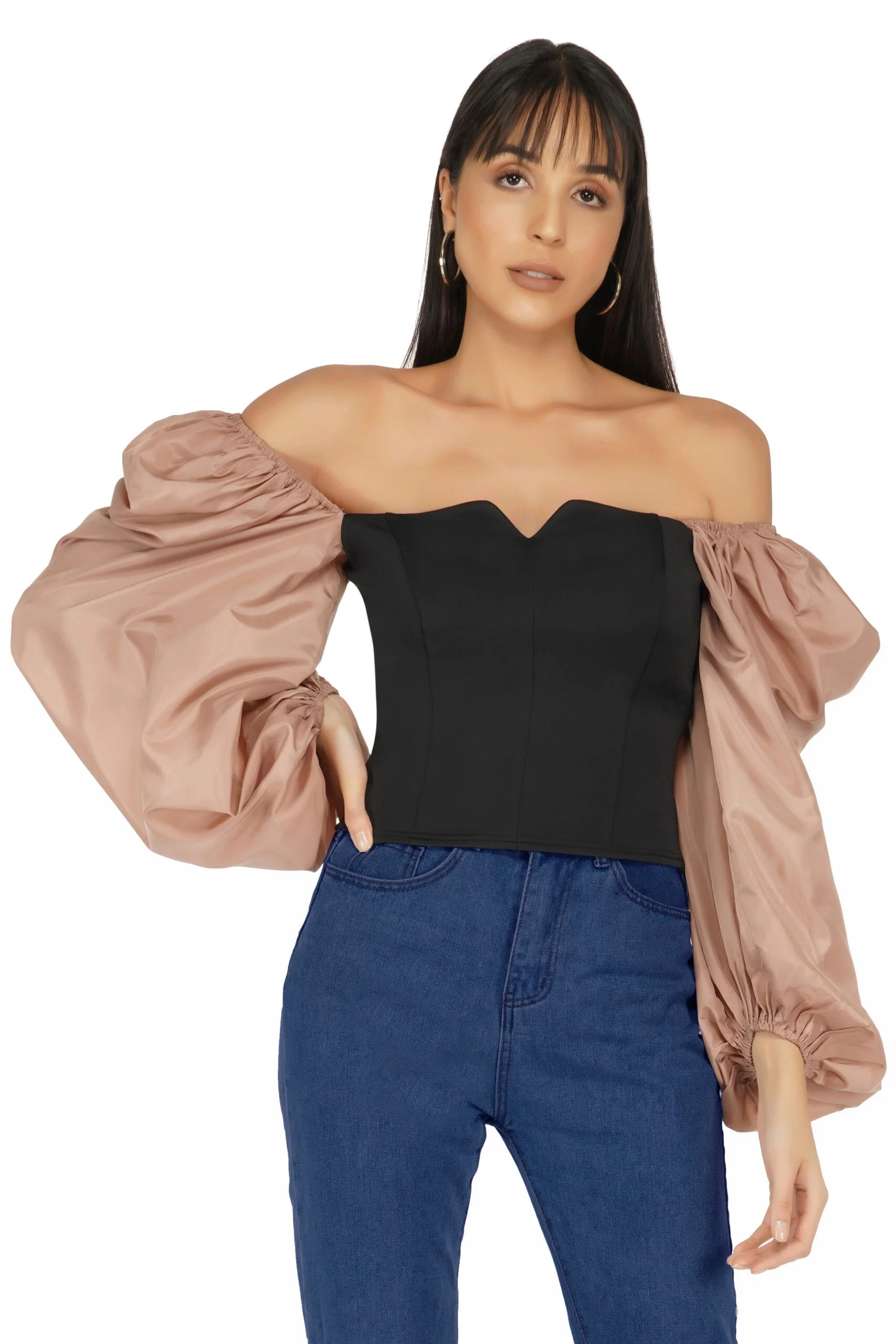 Balloon Sleeves Corset Top- Brown - Image 3