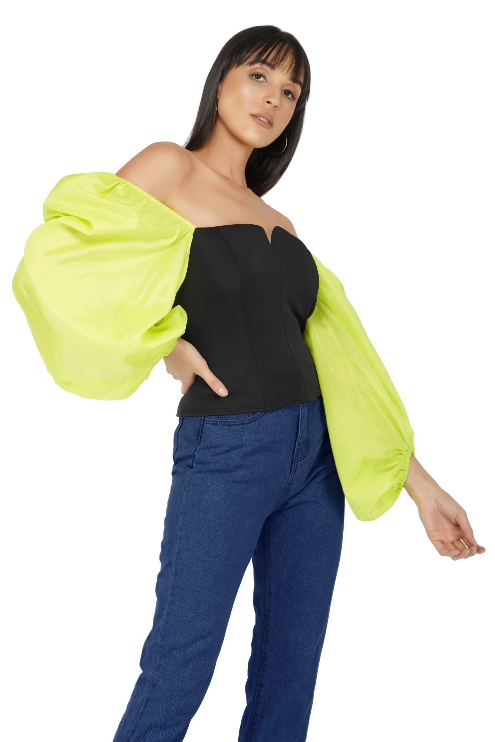 Balloon Sleeves Corset Top- Green - Image 3