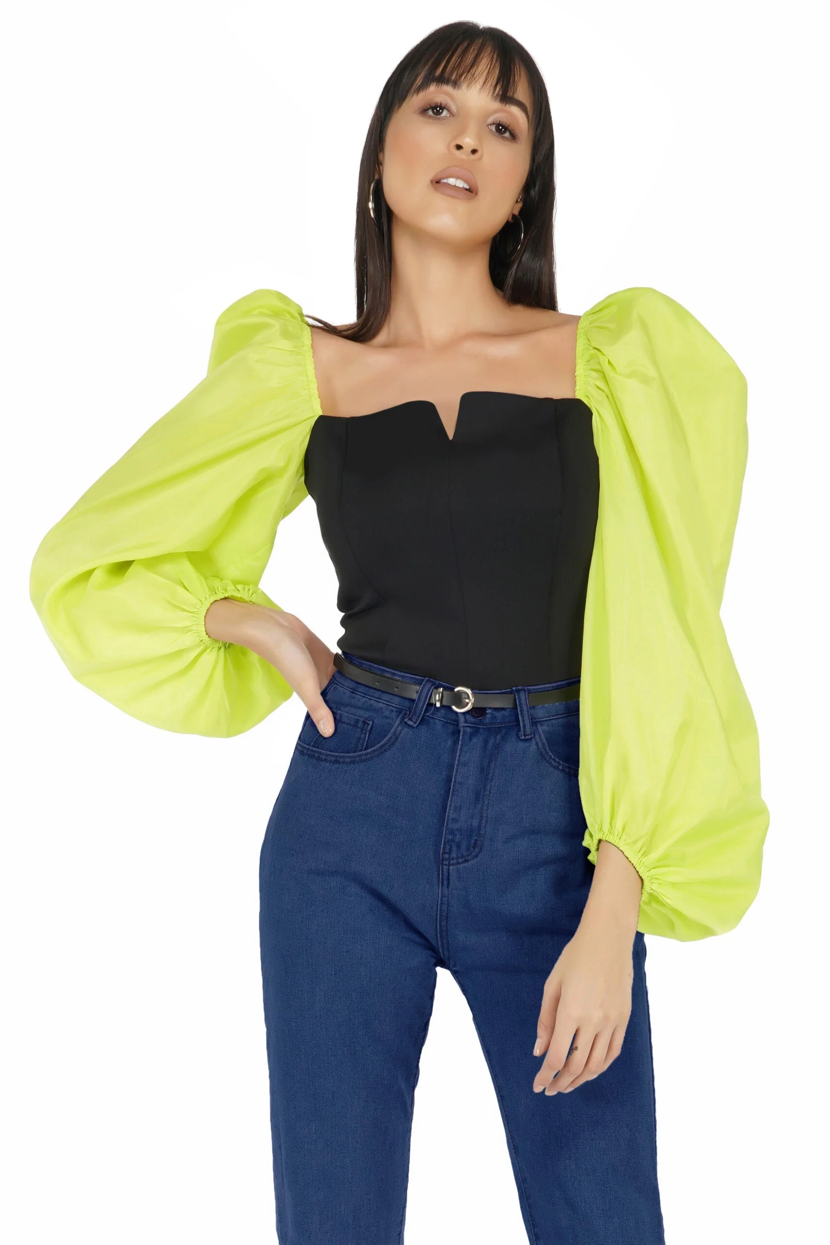 Balloon Sleeves Corset Top- Green - Image 6