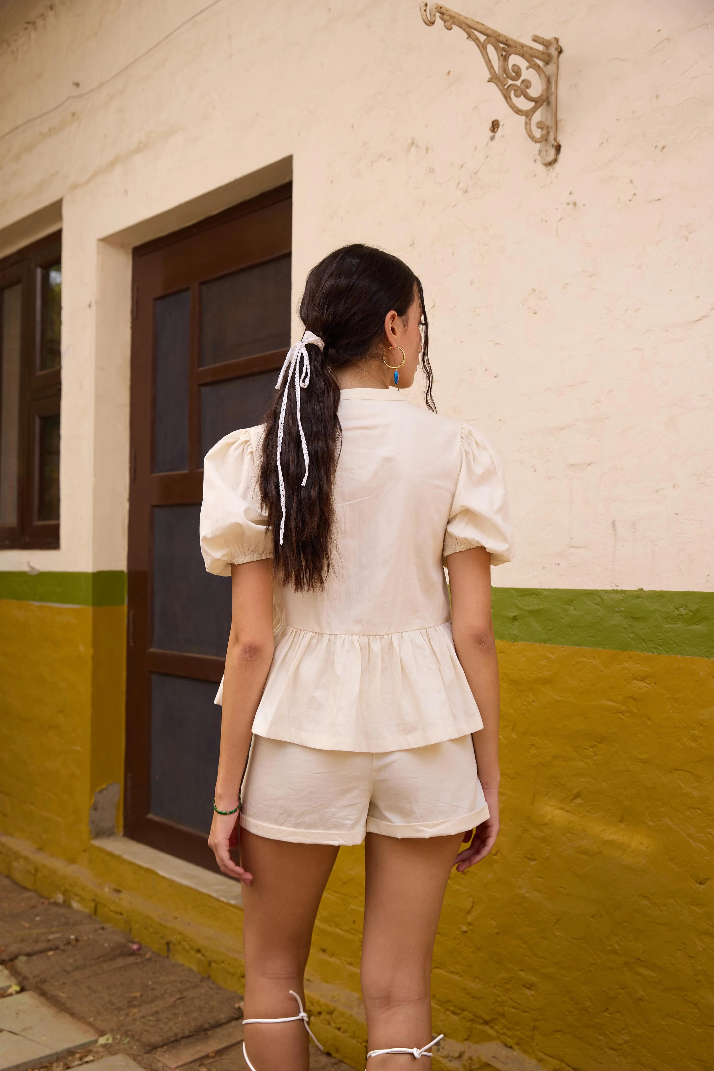 Off White Front Tie-Up Peplum Top - Image 5