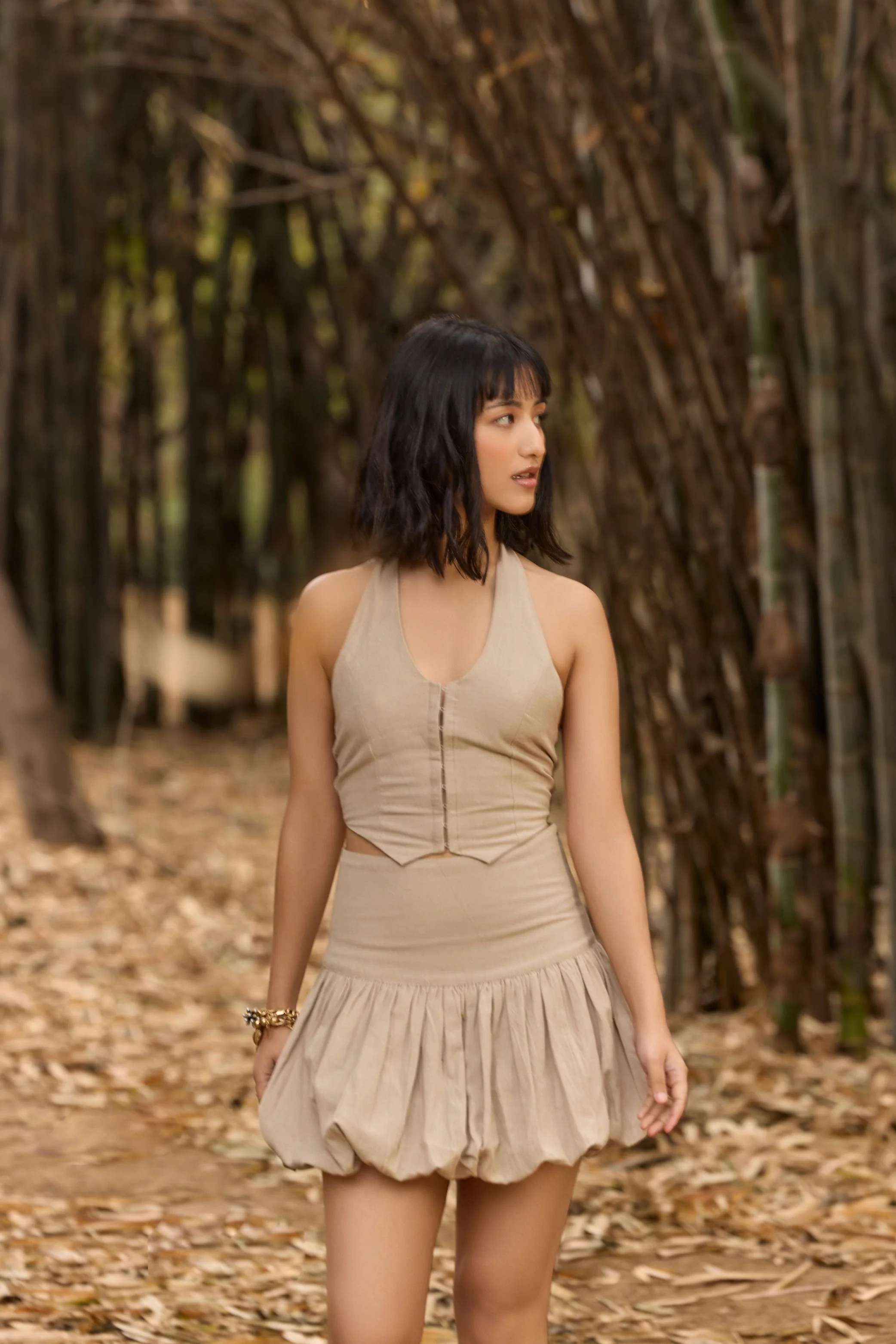 Beige Halter Neck Waistcoat & Bubble Hem Mini Skirt
