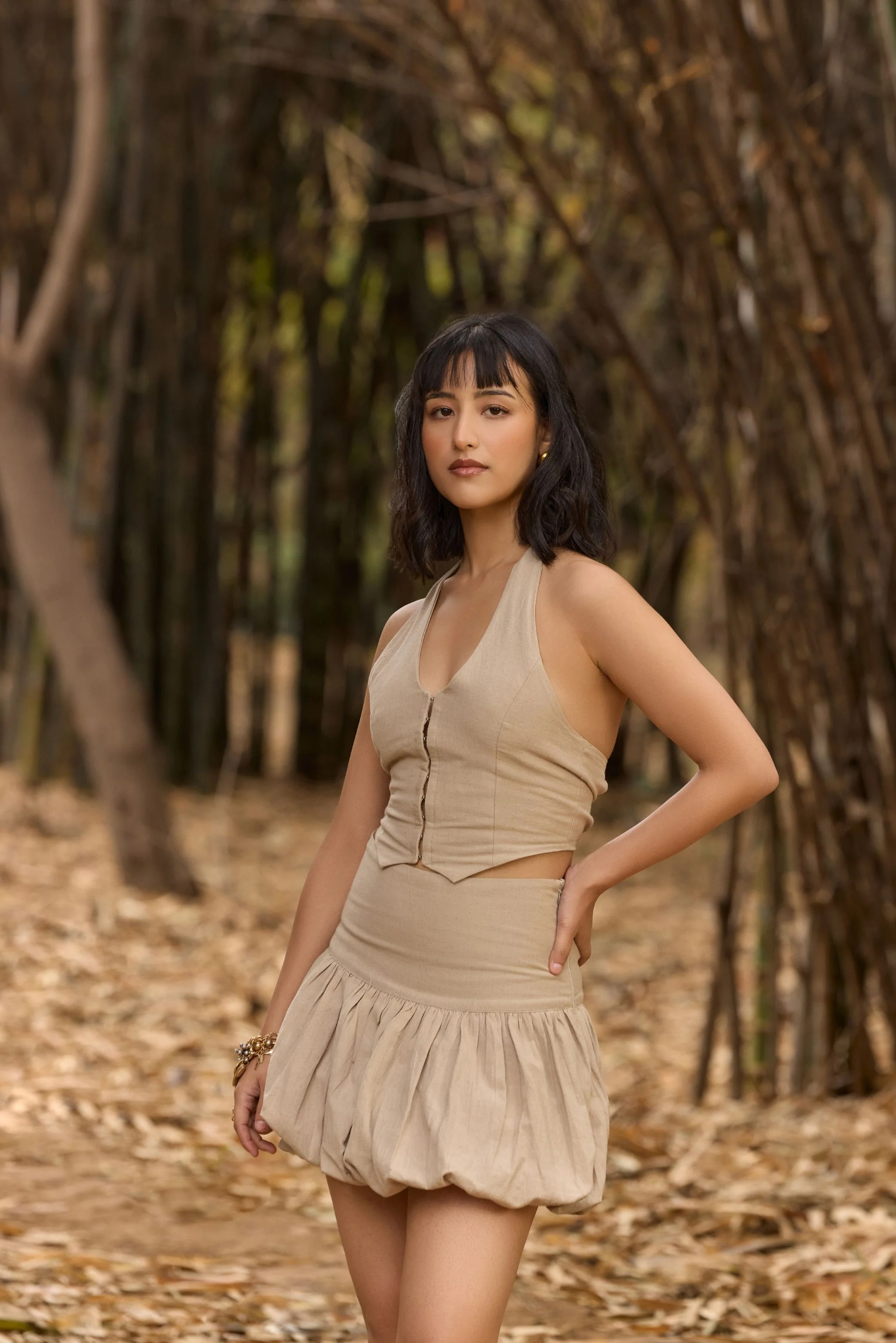 Beige Halter Neck Waistcoat & Bubble Hem Mini Skirt - Image 3