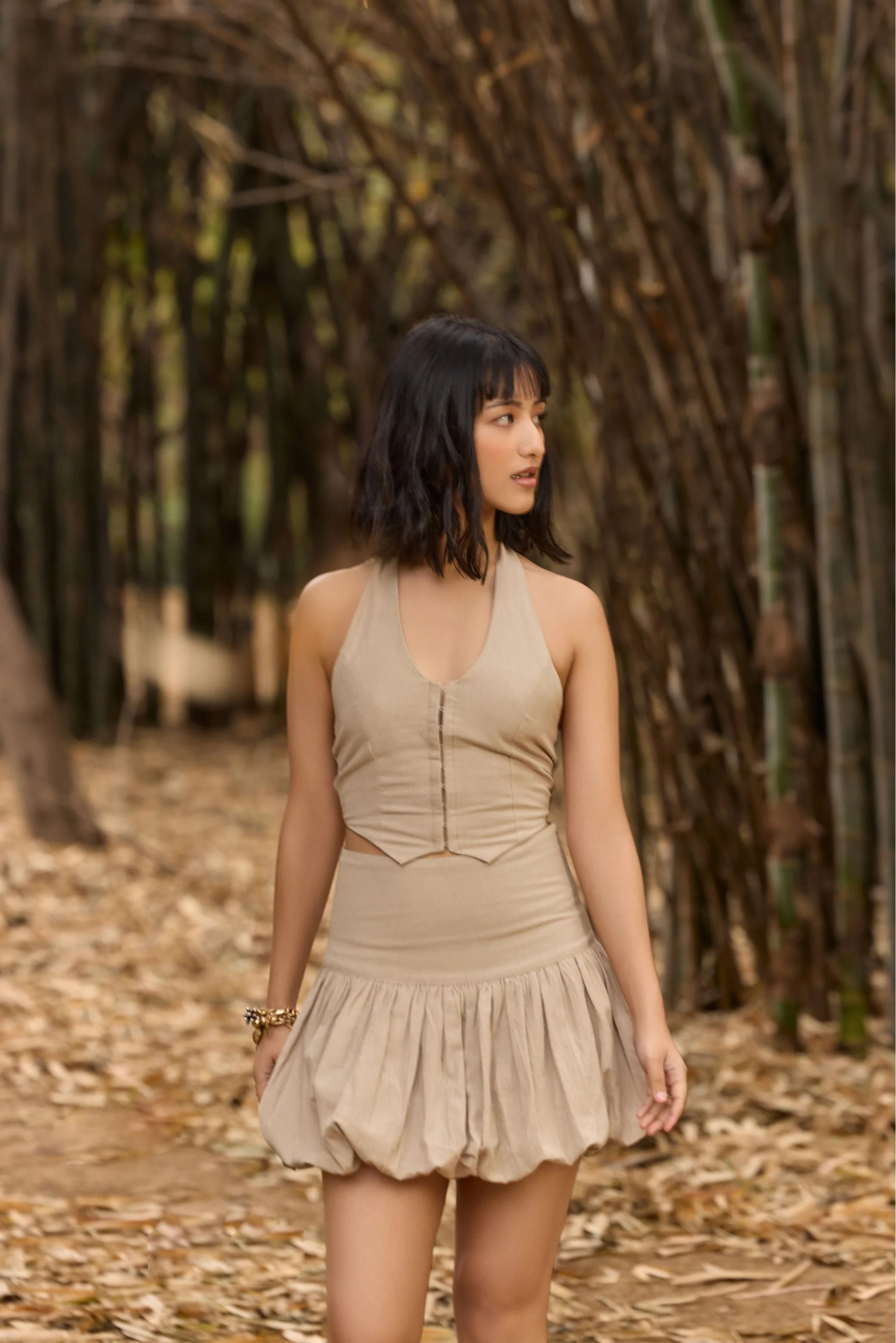 Beige Halter Neck Waistcoat & Bubble Hem Mini Skirt - Image 6