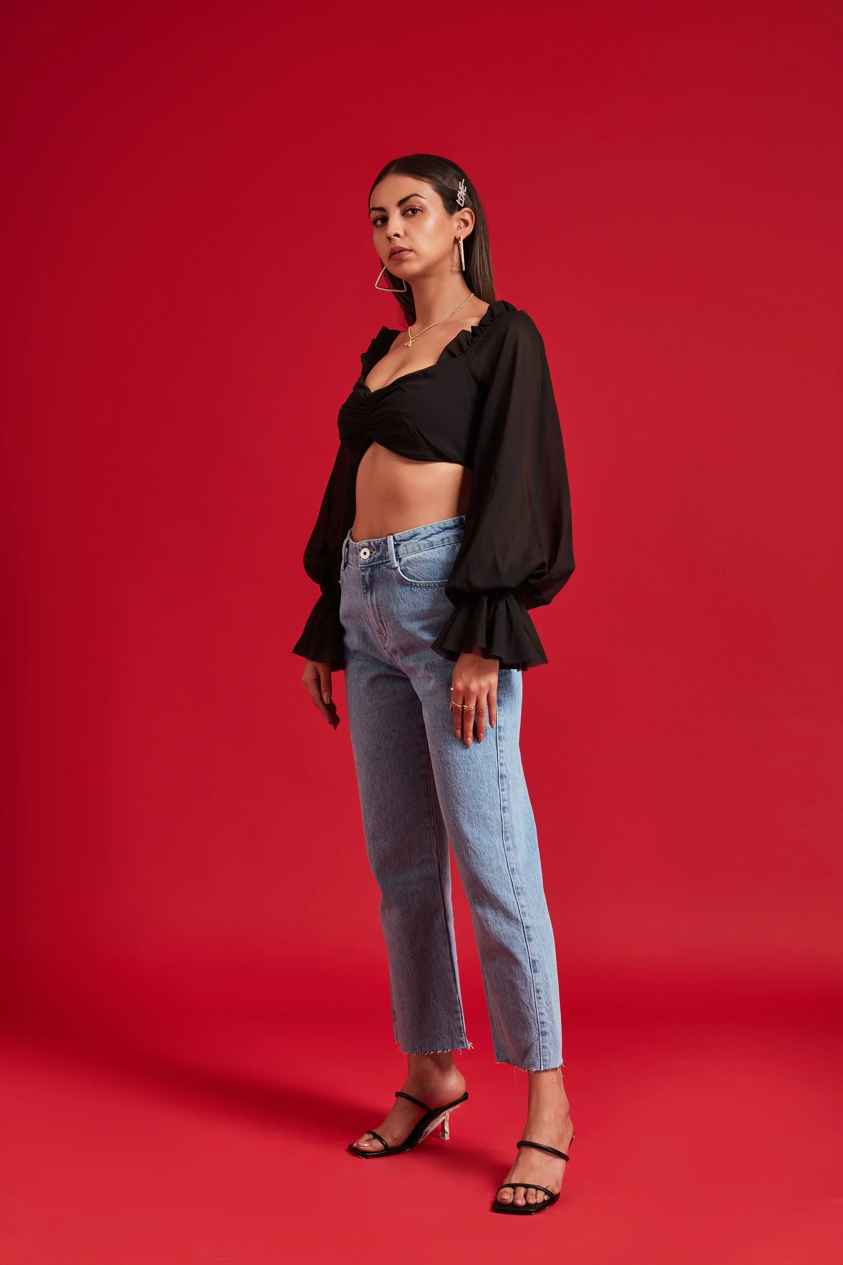 Black Balloon Sheer Sleeves Crop Top with Frills - Image 3