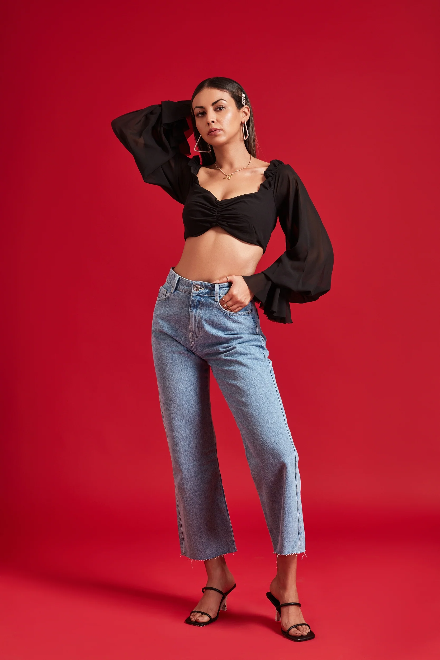 Black Balloon Sheer Sleeves Crop Top with Frills - Image 4