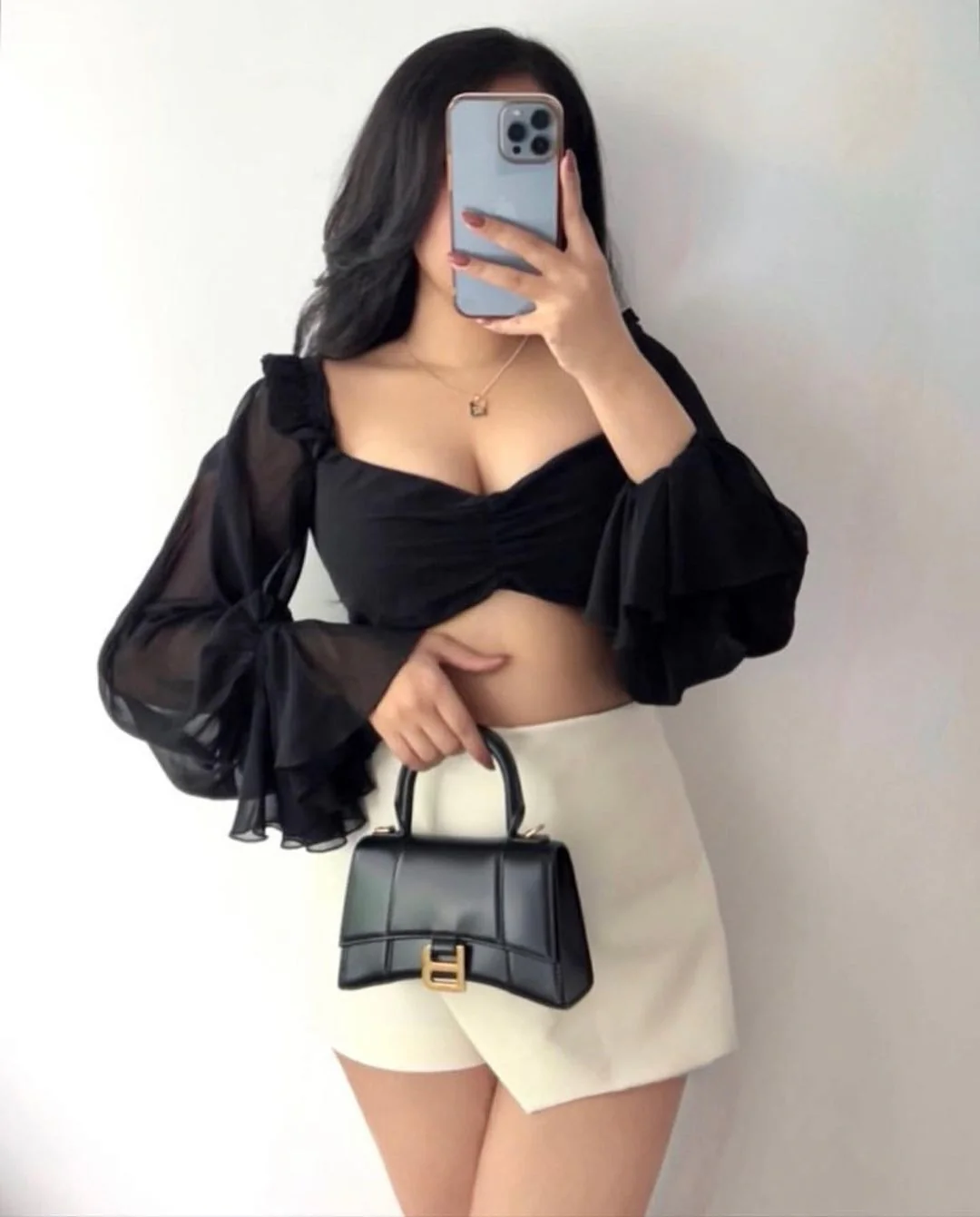 Black Balloon Sheer Sleeves Crop Top with Frills - Image 7