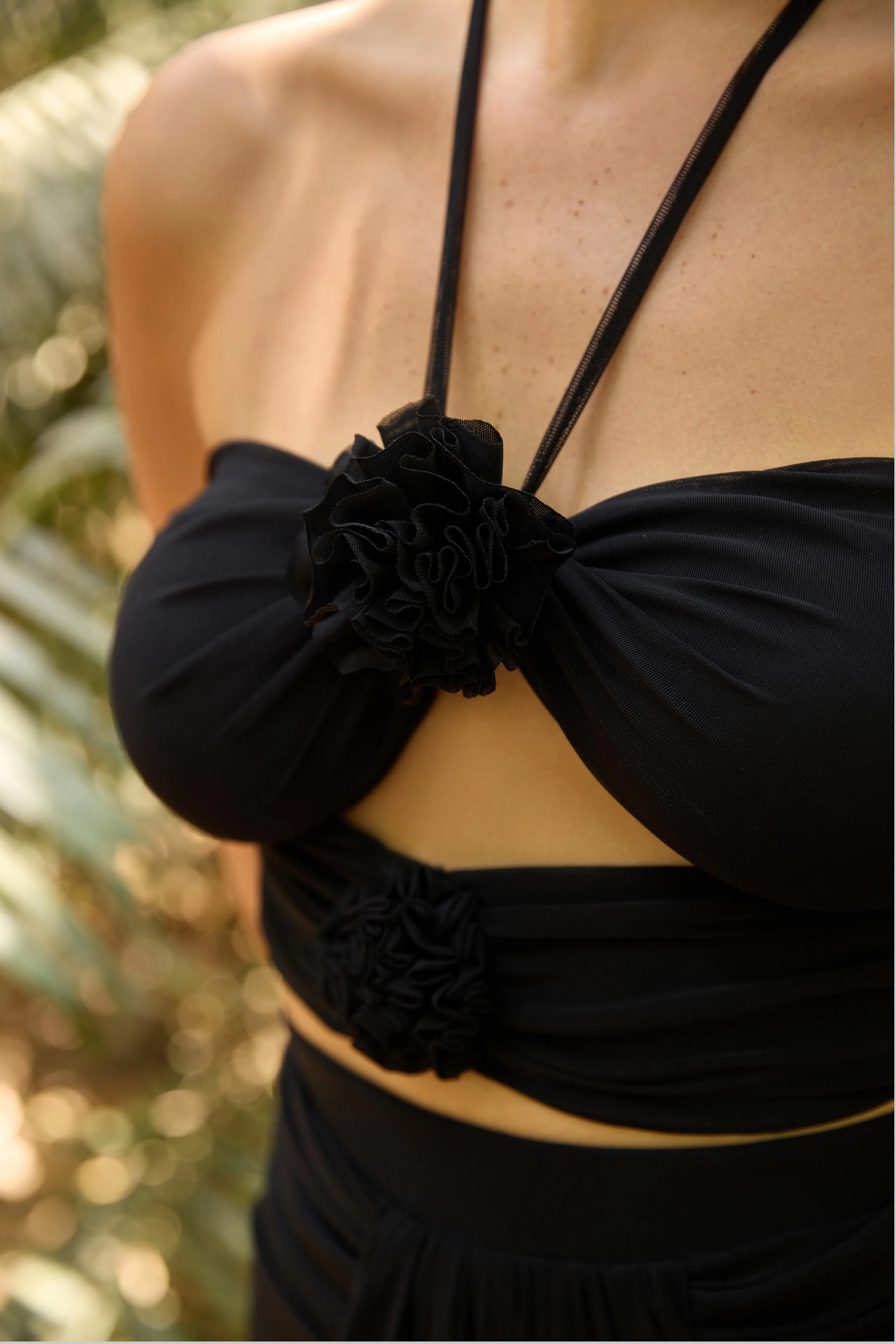 Black Corsage Tie-up Crop Top - Image 2