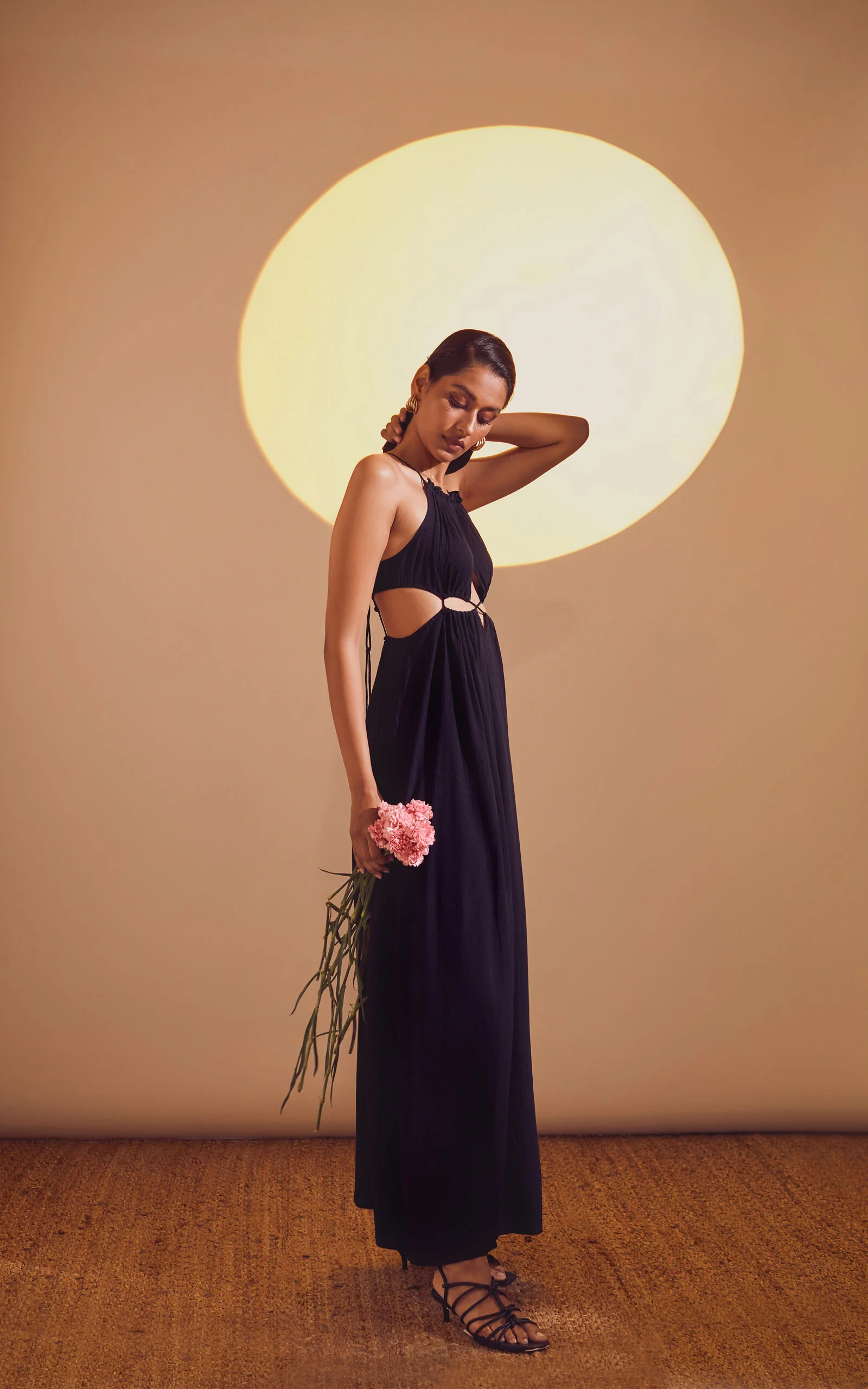 Black Halter Neck Drawstring Tie-Up Long Slit Dress - Image 4
