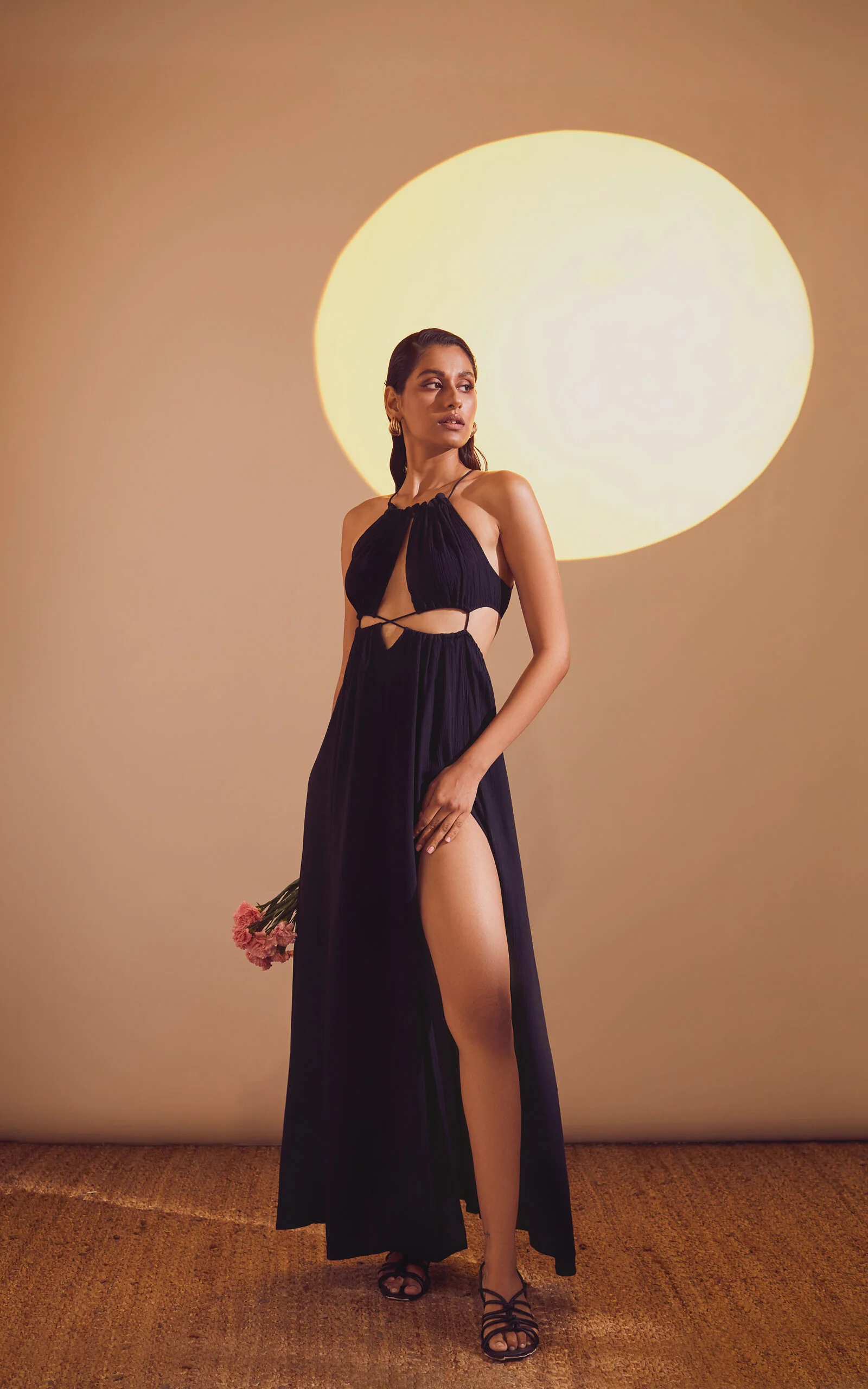 Black Halter Neck Drawstring Tie-Up Long Slit Dress - Image 5