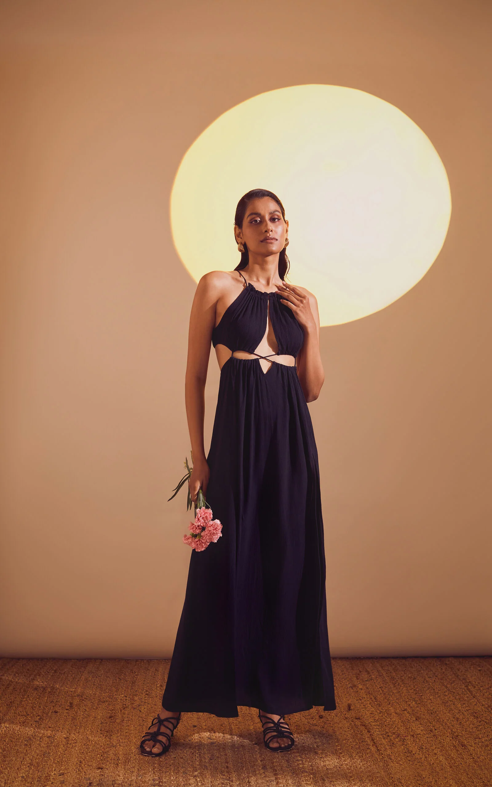 Black Halter Neck Drawstring Tie-Up Long Slit Dress - Image 6