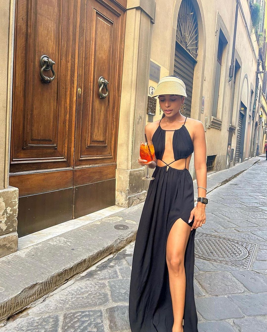 Black Halter Neck Drawstring Tie-Up Long Slit Dress - Image 7