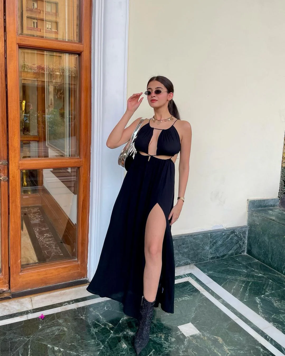 Black Halter Neck Drawstring Tie-Up Long Slit Dress - Image 9