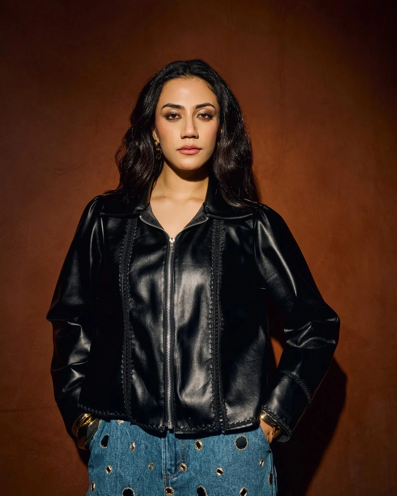 Black Lace Trim Leather Jacket - Image 2