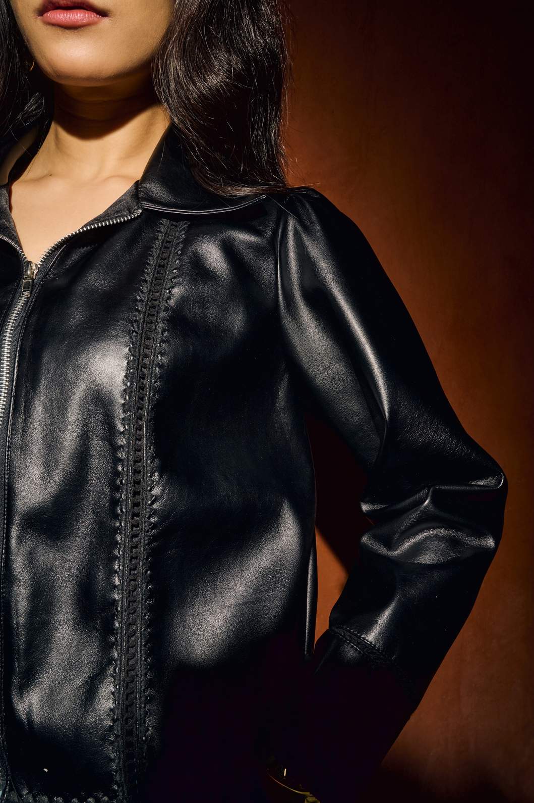 Black Lace Trim Leather Jacket - Image 3