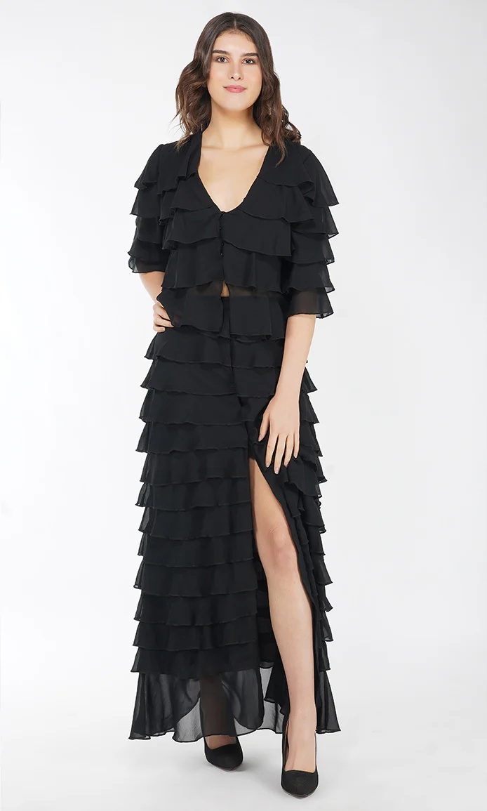 Black Ruffled Center Slit Skirt - Image 2