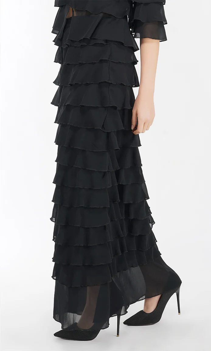 Black Ruffled Center Slit Skirt - Image 3