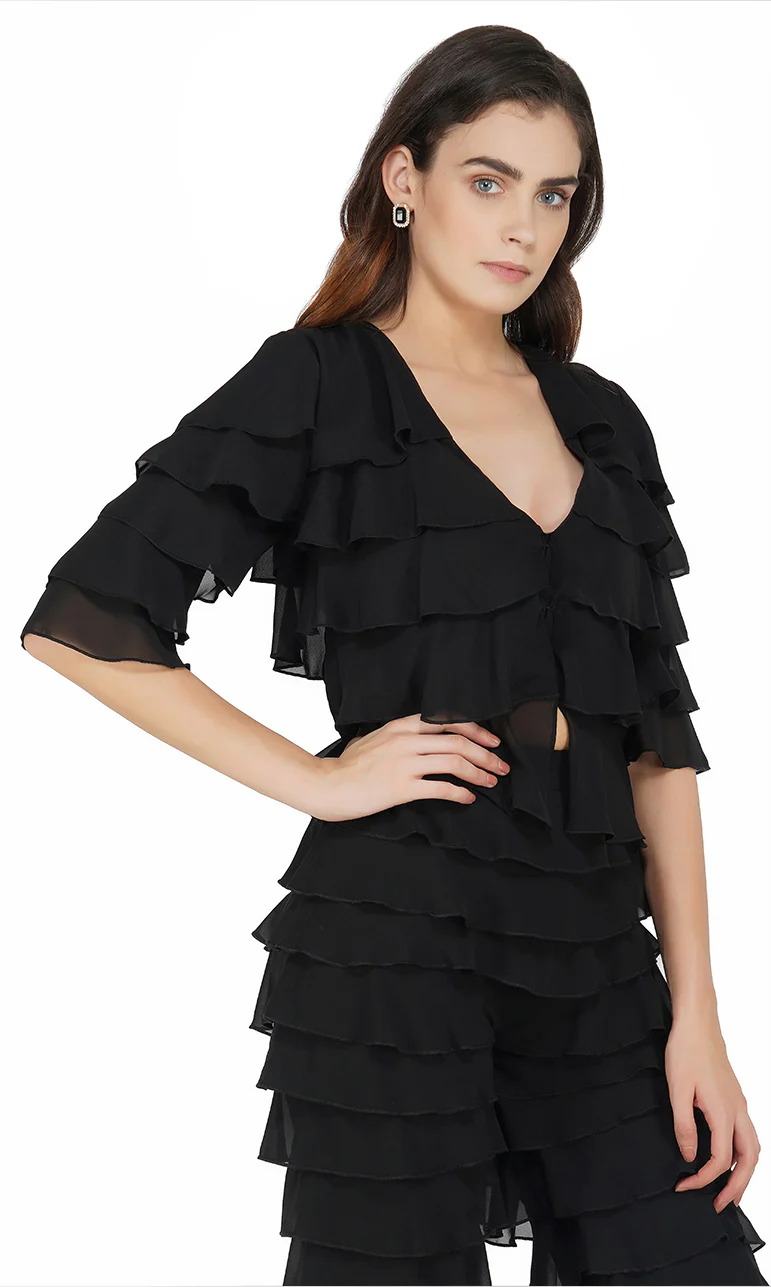 Black Ruffled V-neck Top - Image 3