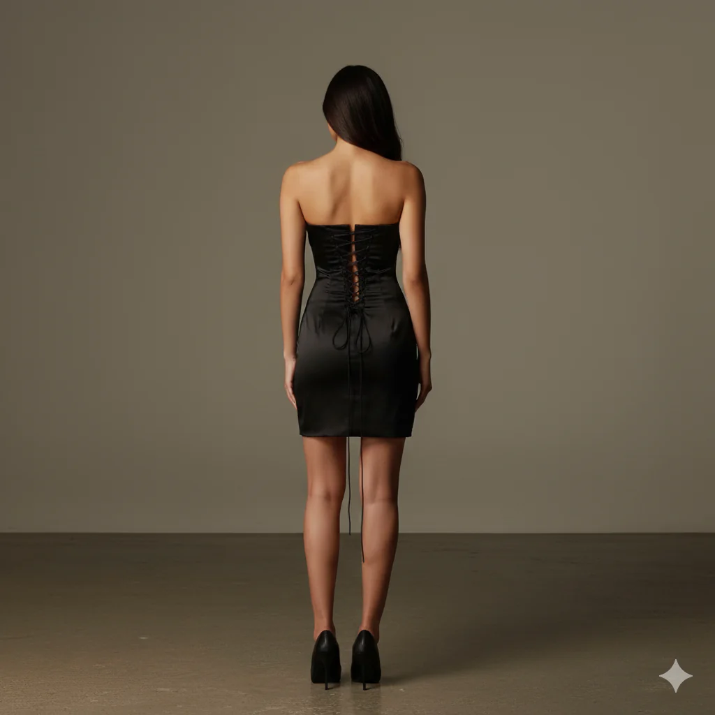 Black Satin Strapless Cowl Neck Mini Dress With Scarf - Image 3