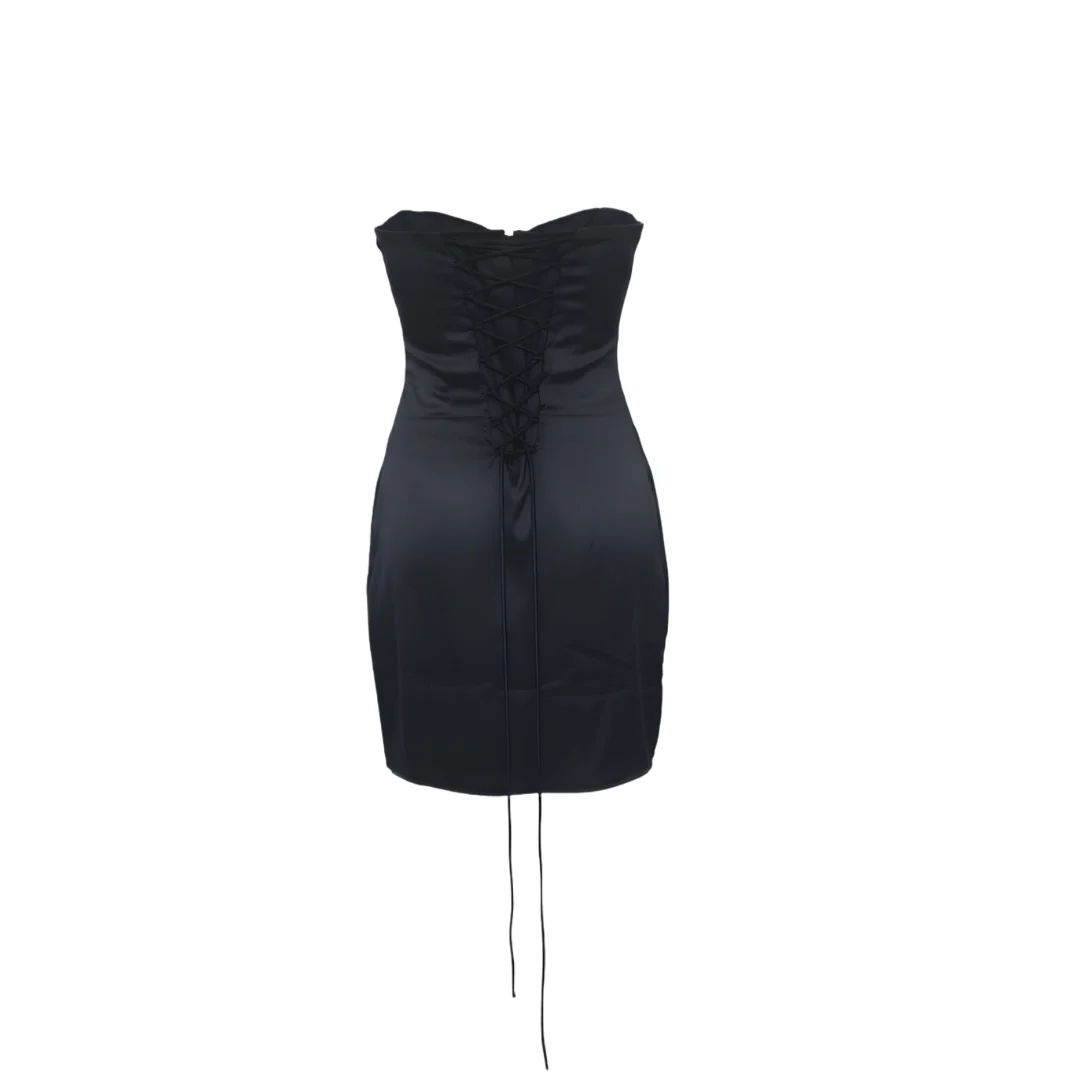 Black Satin Strapless Cowl Neck Mini Dress With Scarf - Image 5