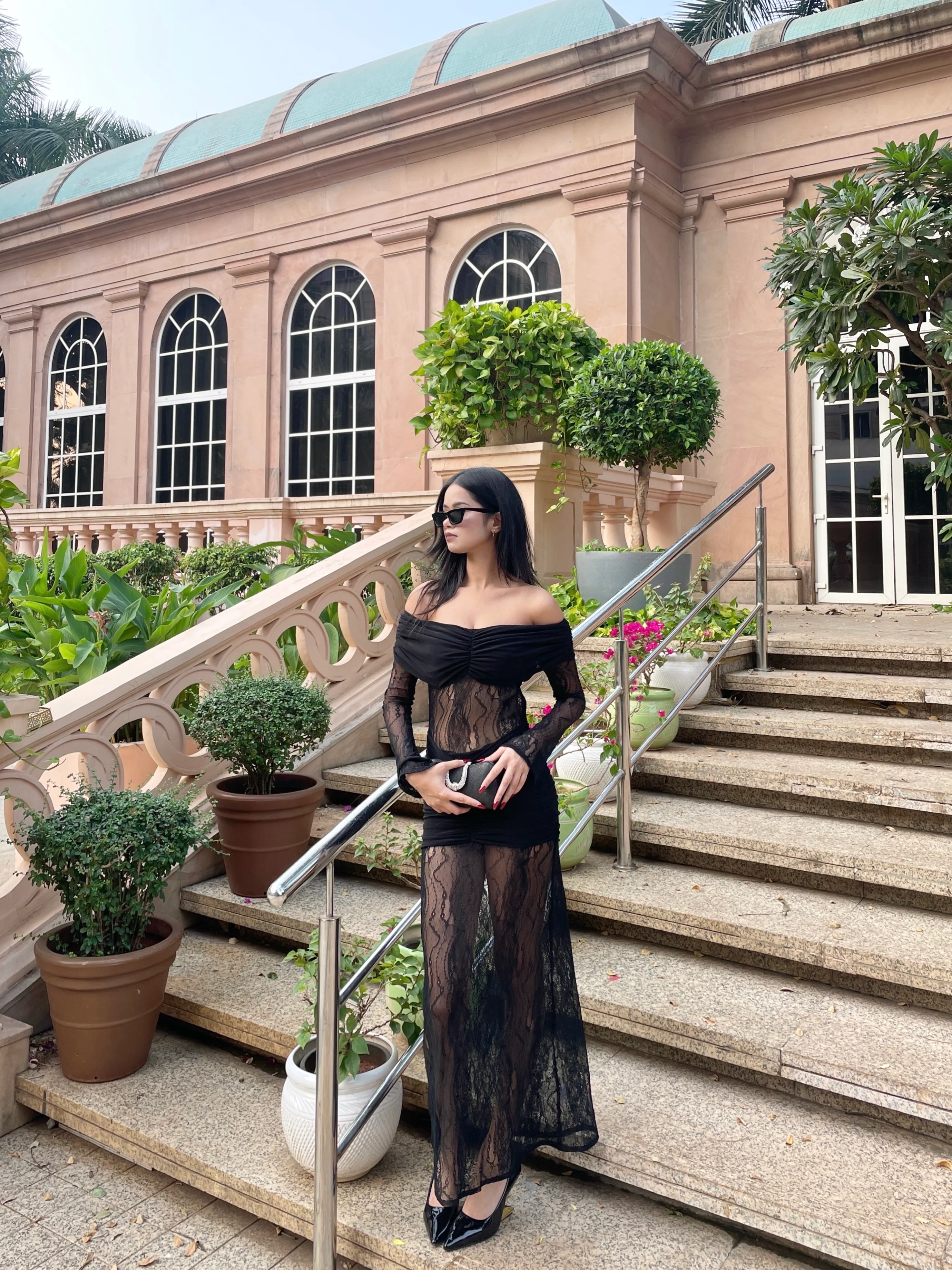 Black Sheer Lace Off-Shoulder Ruched Bodycon Dress - Image 3