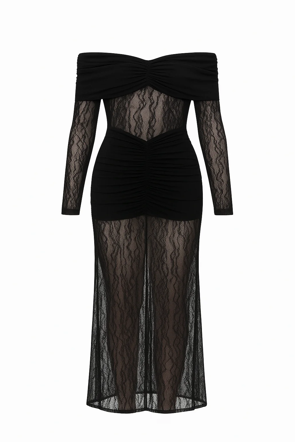 Black Sheer Lace Off-Shoulder Ruched Bodycon Dress - Image 4