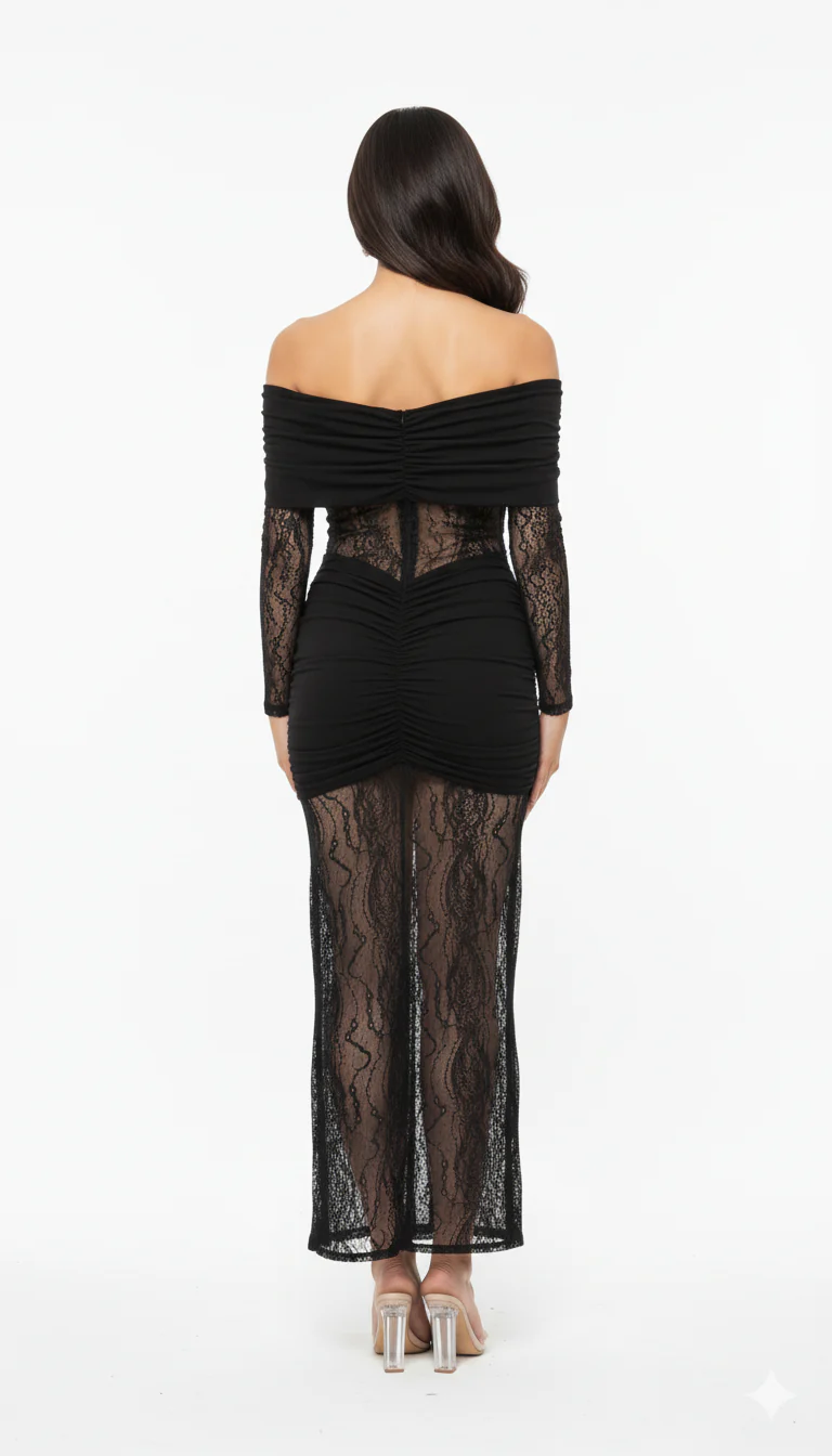 Black Sheer Lace Off-Shoulder Ruched Bodycon Dress - Image 7