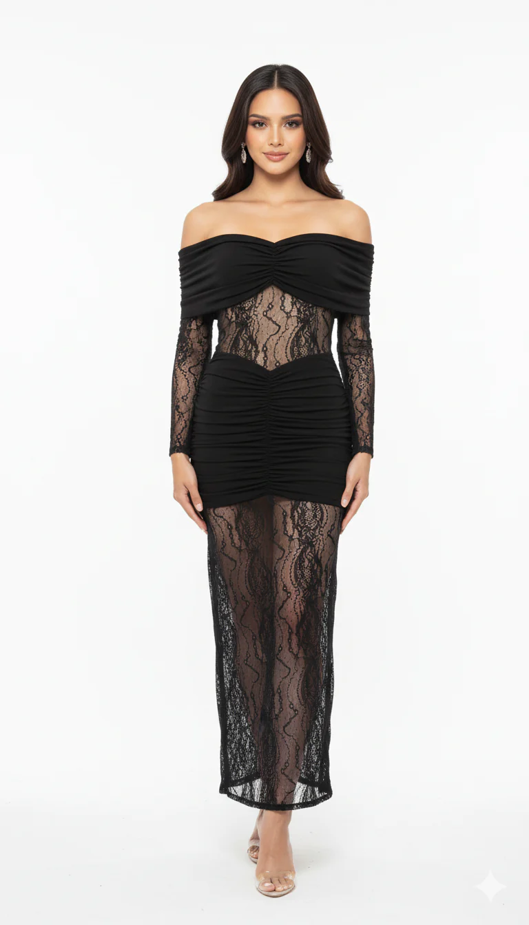 Black Sheer Lace Off-Shoulder Ruched Bodycon Dress - Image 8