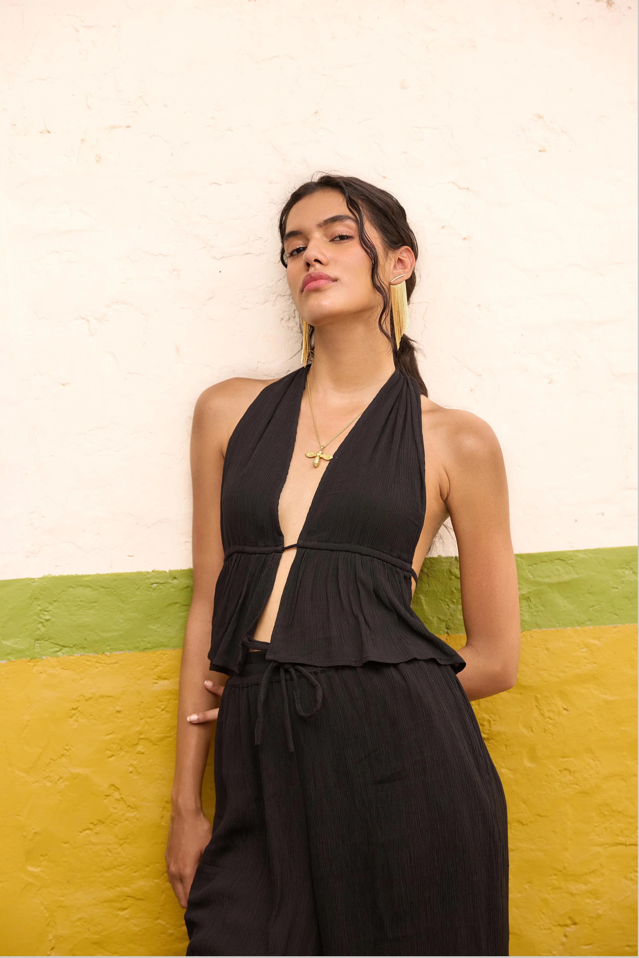 Black Halter Neck Top and Straight Trouser Set - Image 3