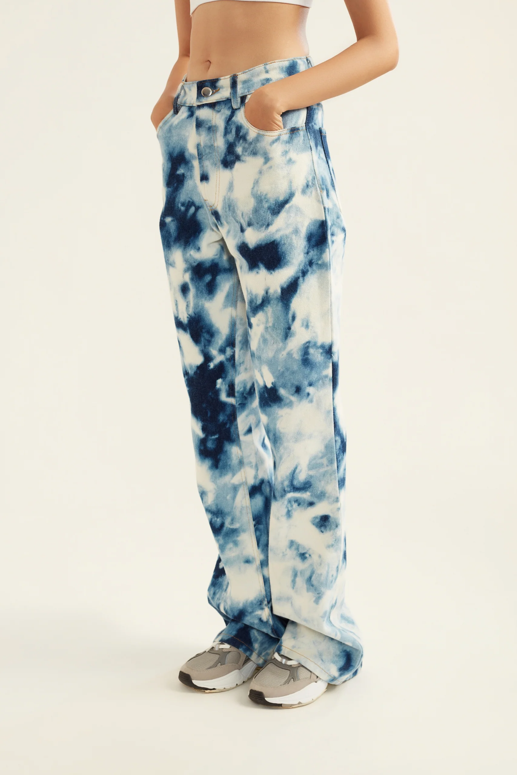 Blue and White Tie-Dye Effect Flared Denim Jeans for Women - Image 6