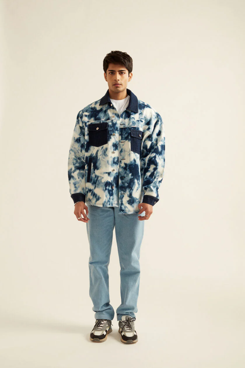 Blue and White Tie-Dye Effect Oversized Jacket - Image 2