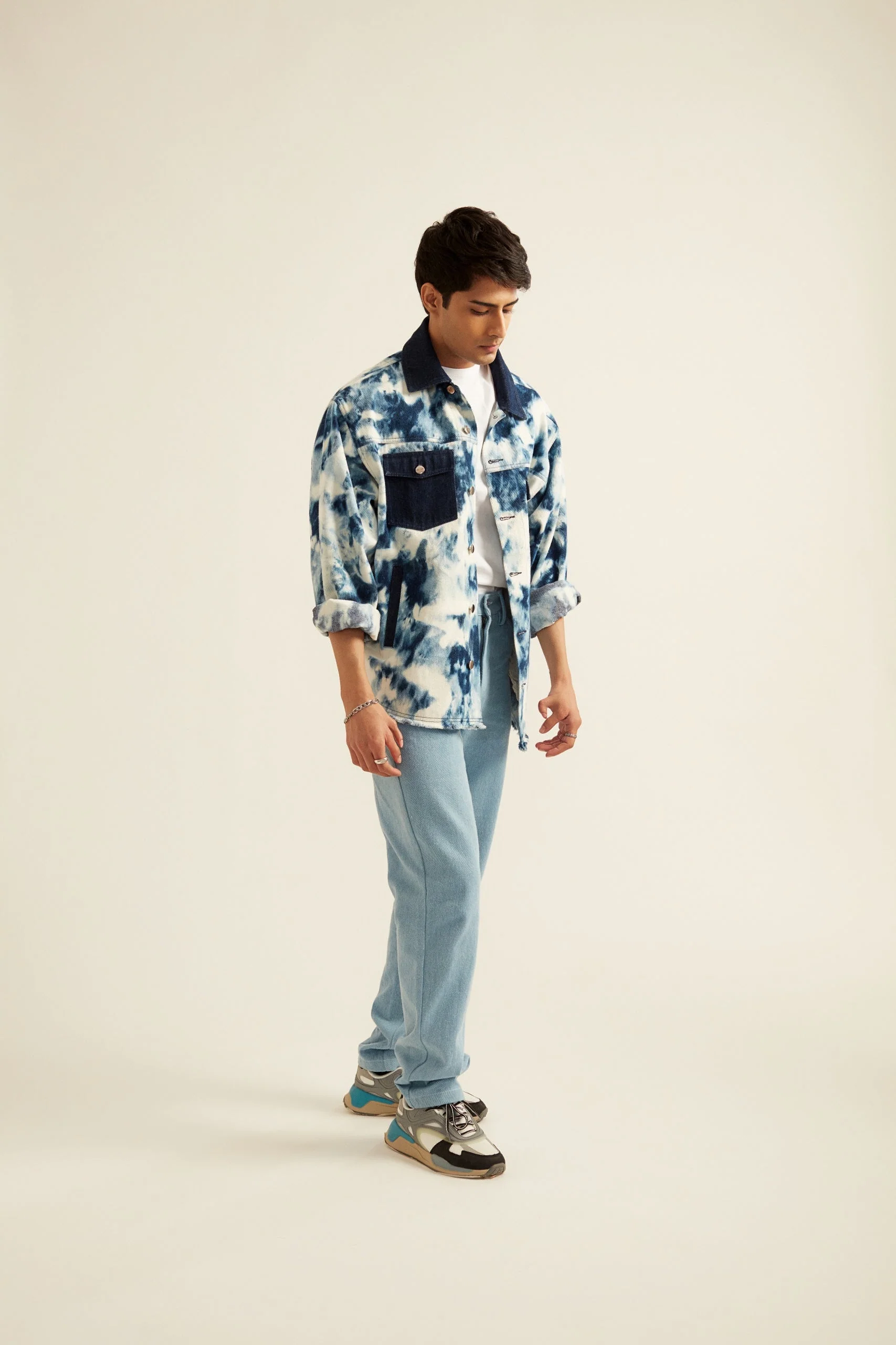 Blue and White Tie-Dye Effect Oversized Jacket - Image 3