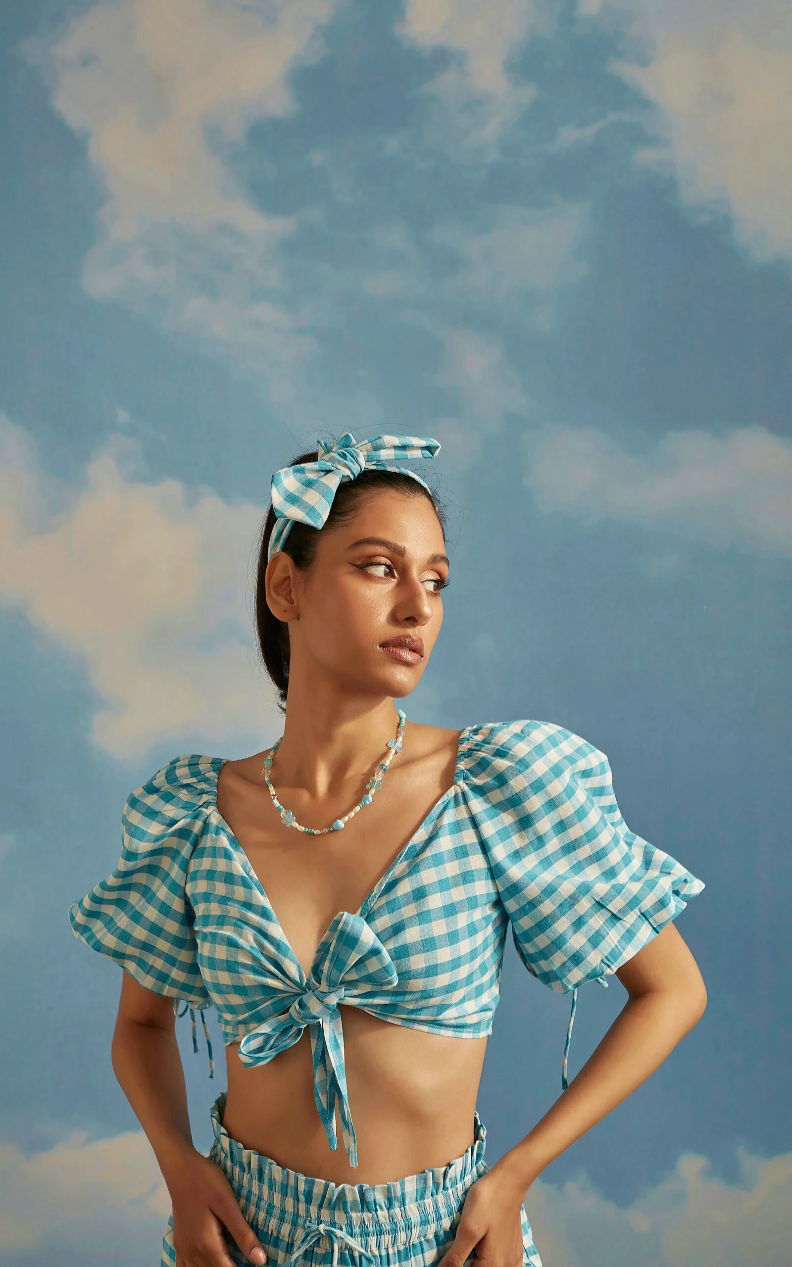 Blue Checkered Front Tie Up Top - Image 2