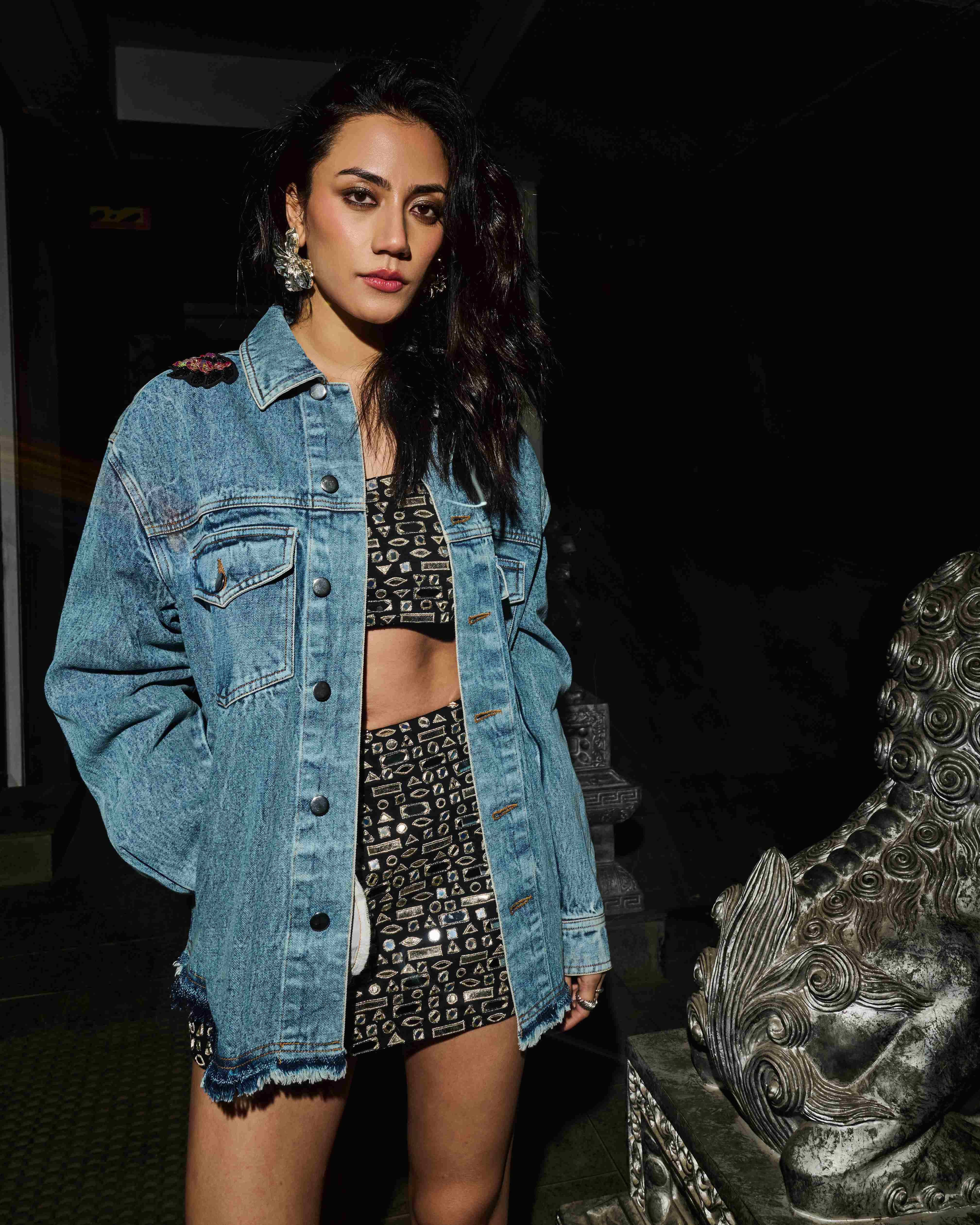 Blue Denim Tiger Embroidered Oversized Jacket - Image 2