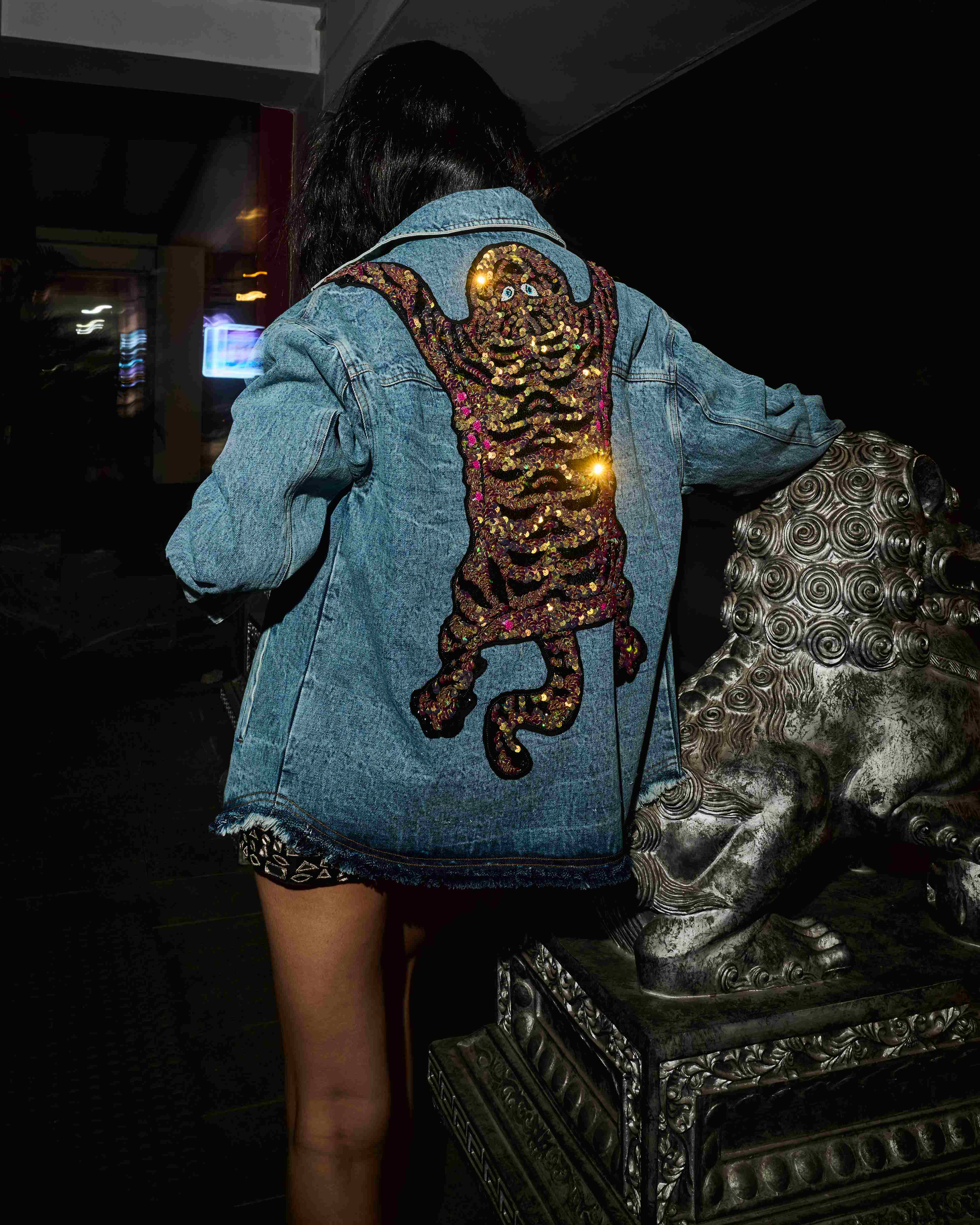 Blue Denim Tiger Embroidered Oversized Jacket - Image 3