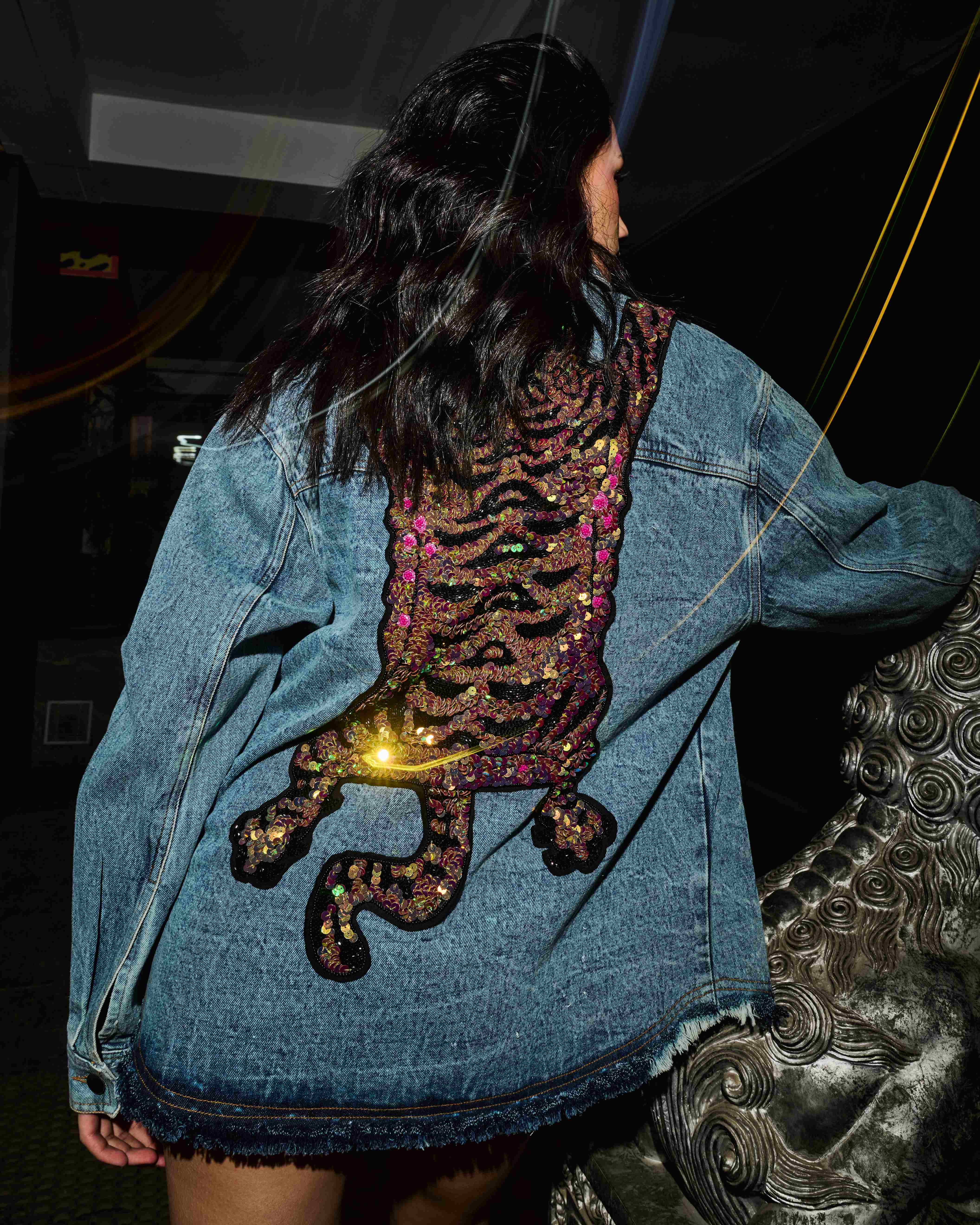 Blue Denim Tiger Embroidered Oversized Jacket - Image 4
