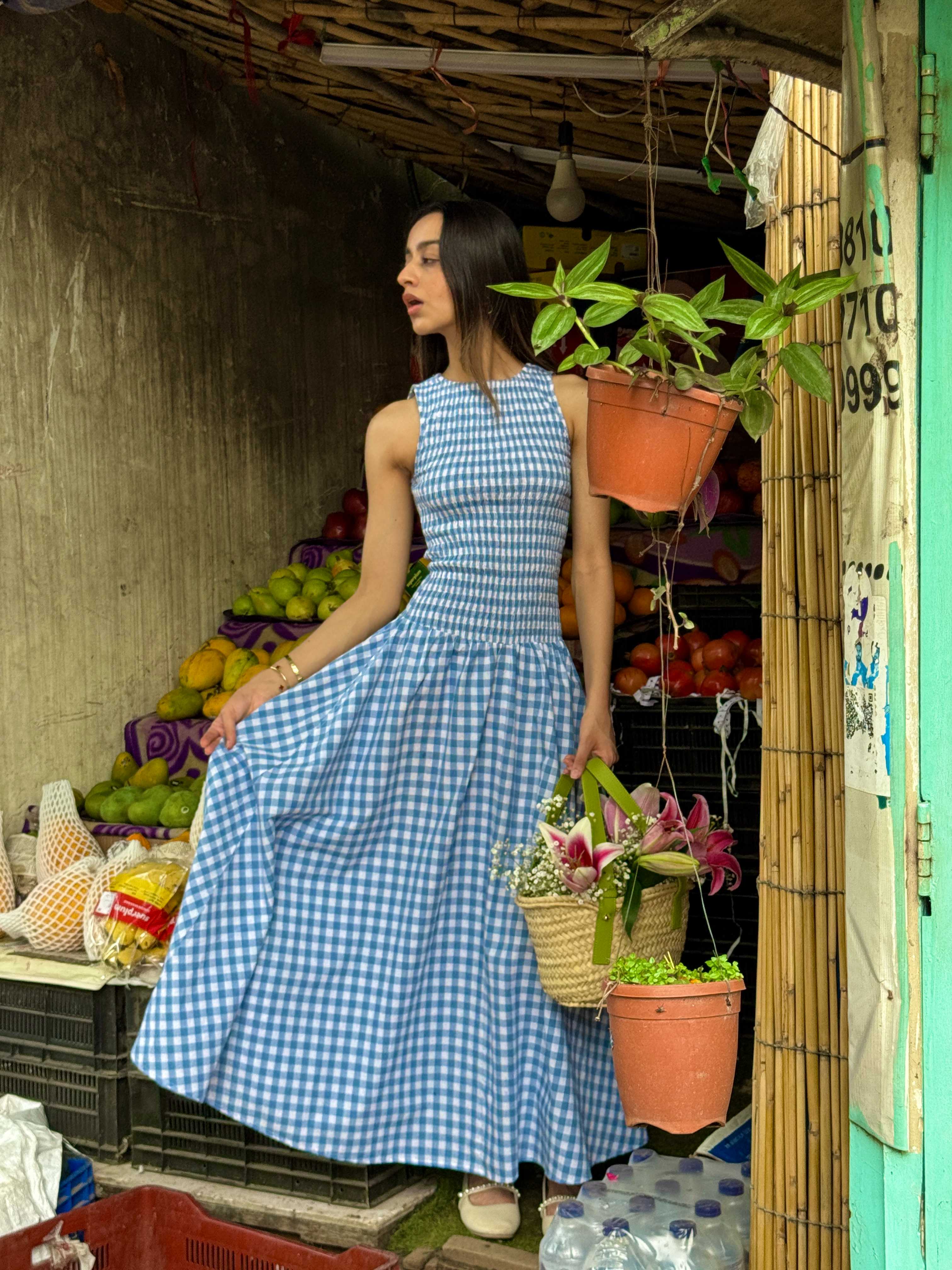 Blue Gingham Smocked Bodice Dress - Image 3