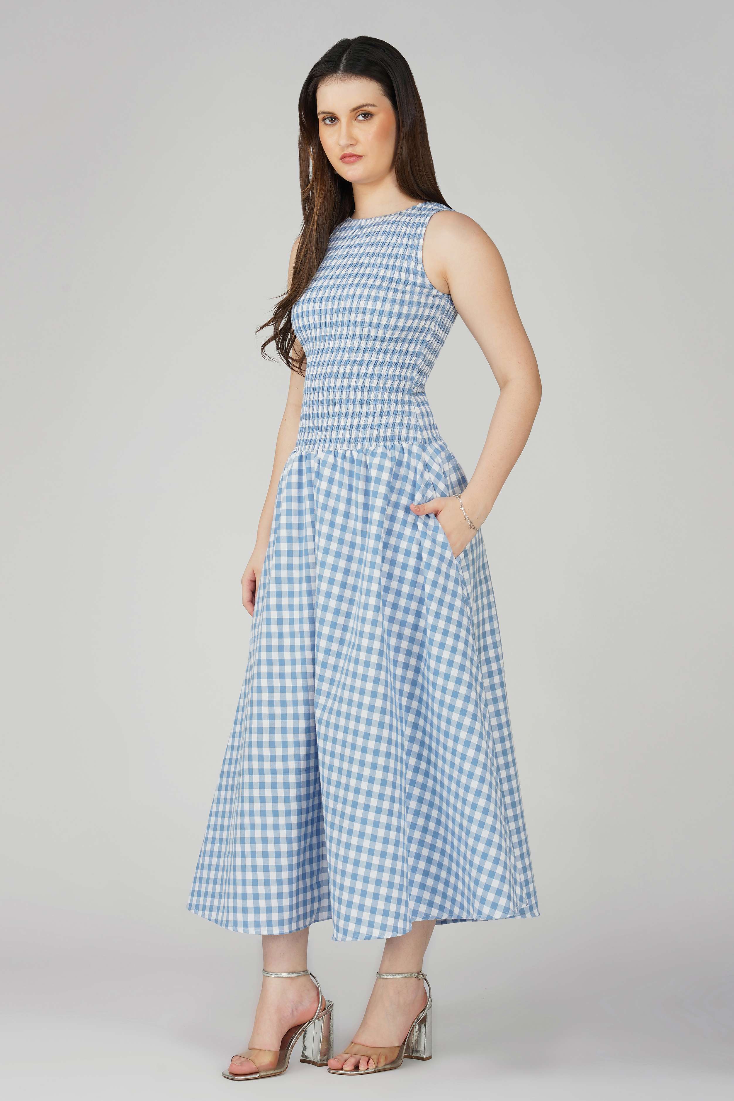Blue Gingham Smocked Bodice Dress - Image 5