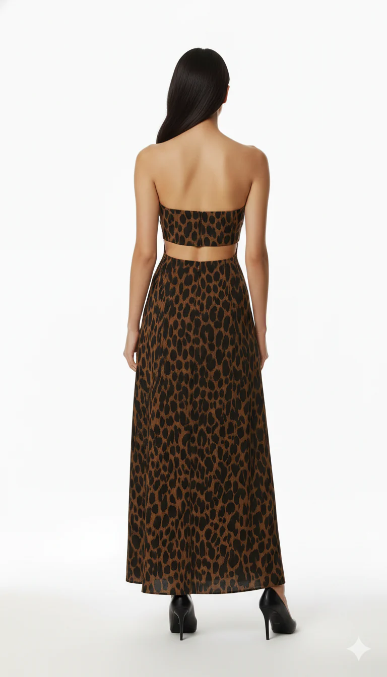 Brown Animal Print Tube Top & Maxi Skirt with Scarf - Image 2