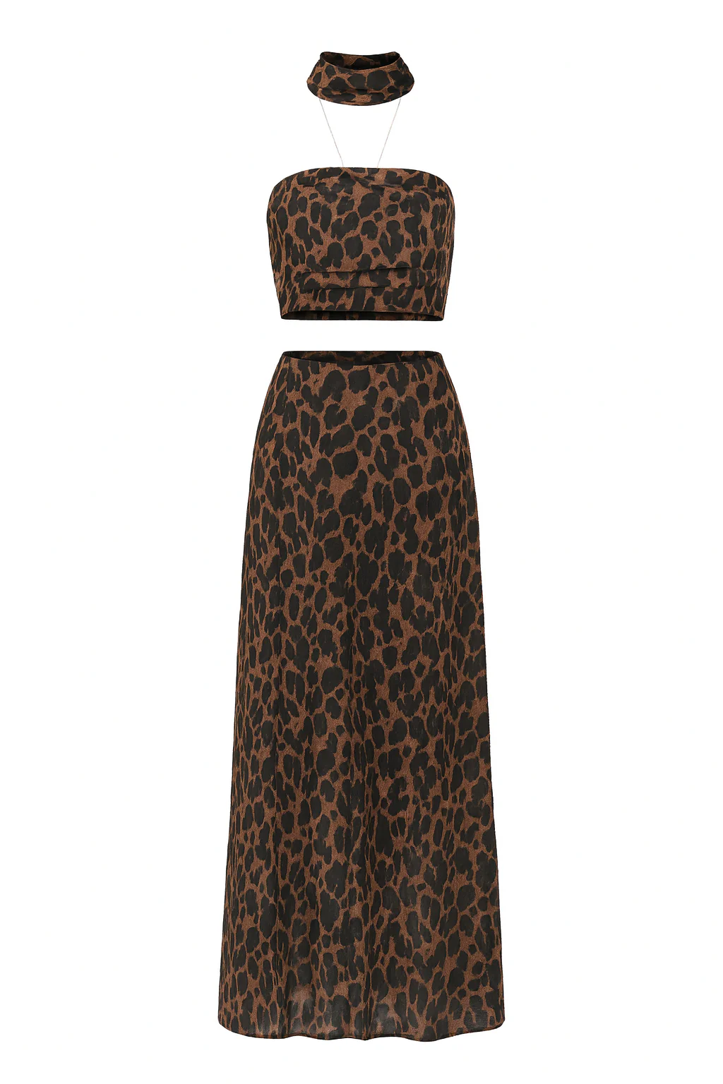 Brown Animal Print Tube Top & Maxi Skirt with Scarf - Image 3