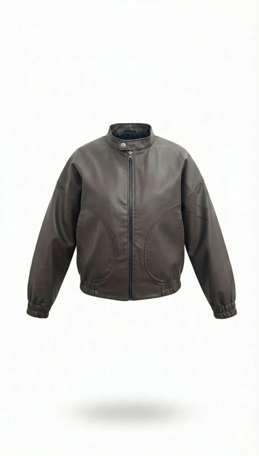 Brown Faux Leather Bomber Jacket - Image 3