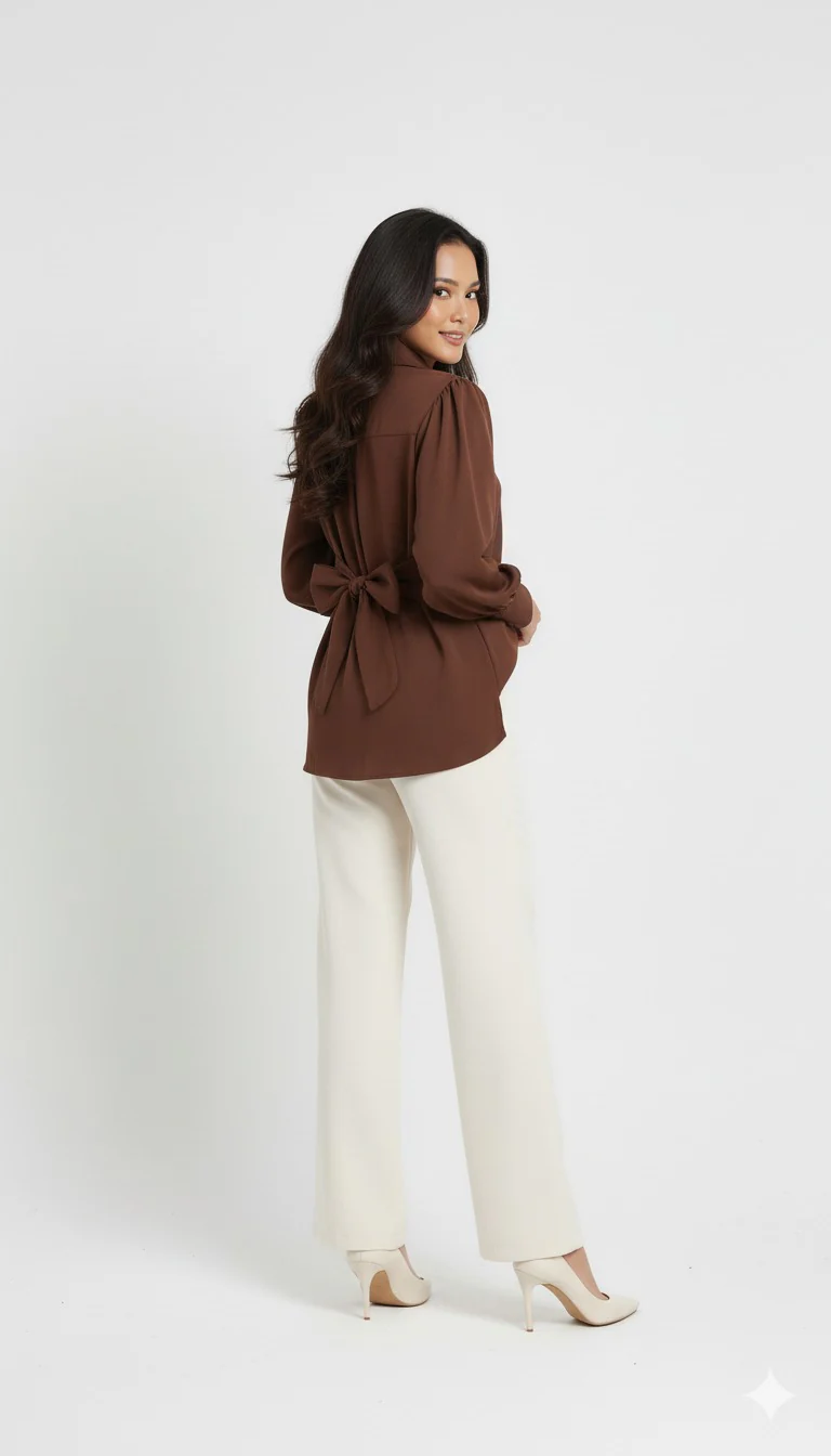 Brown Long Sleeve Shirt with Back Bow Tie Detail - Image 3