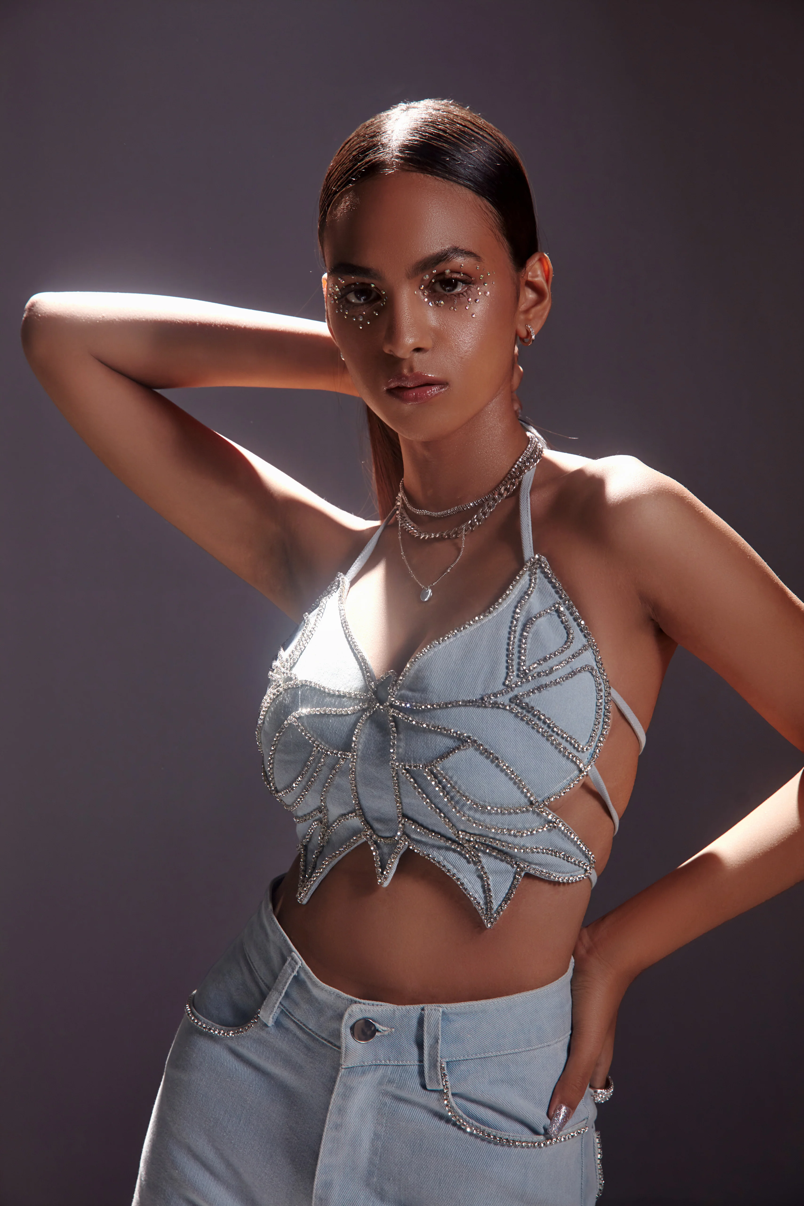 Butterfly Rhinestone Embellished Top and Jeans Set - Image 8