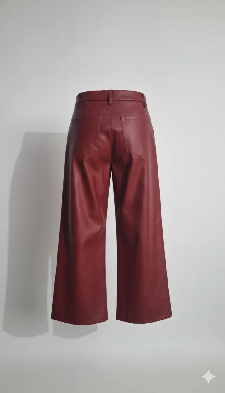 Cherry Red Pleated Leather Wide-Leg Pants - Image 2