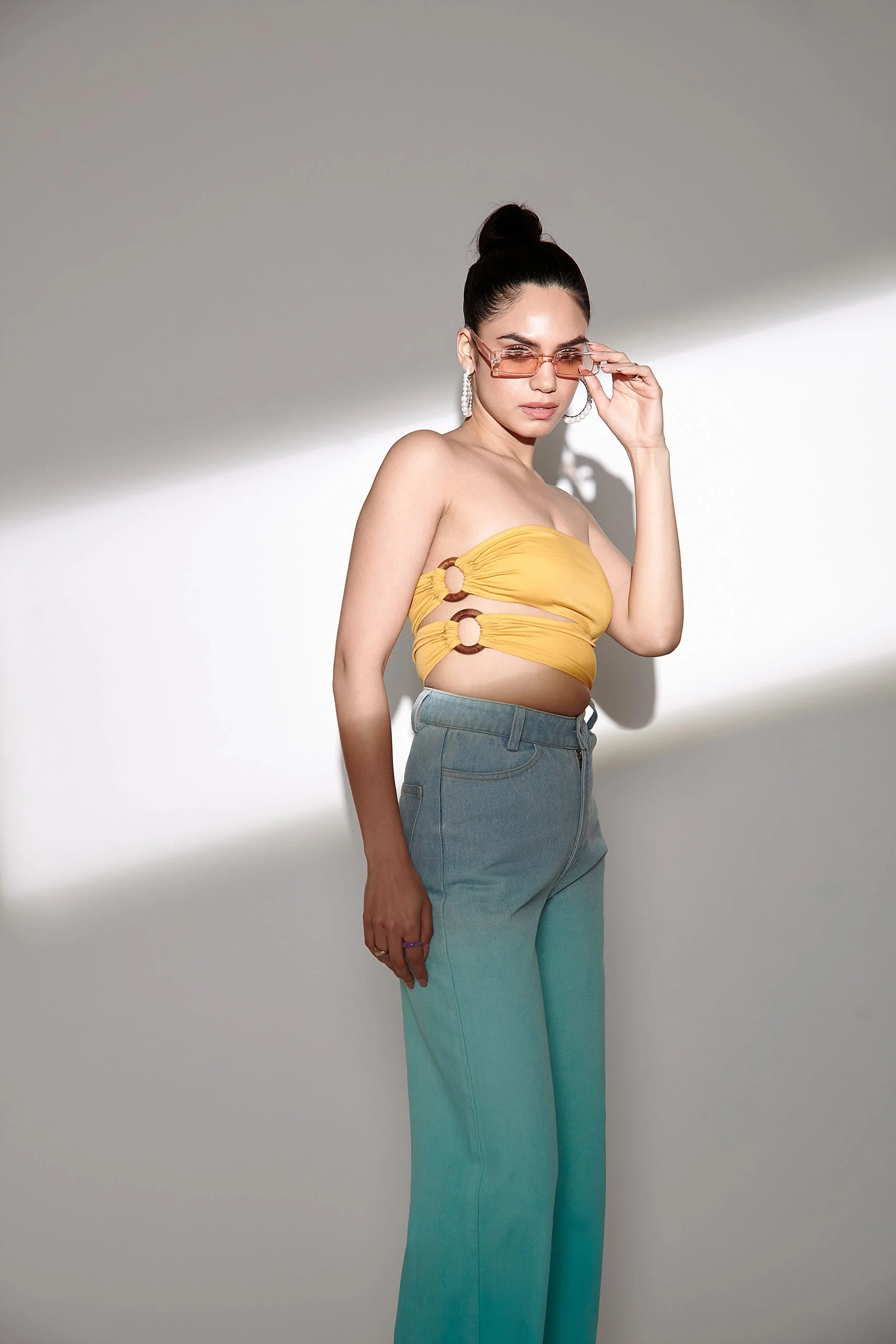 Asymmetrical Wooden Ring Bandeau Top- Yellow - Image 2
